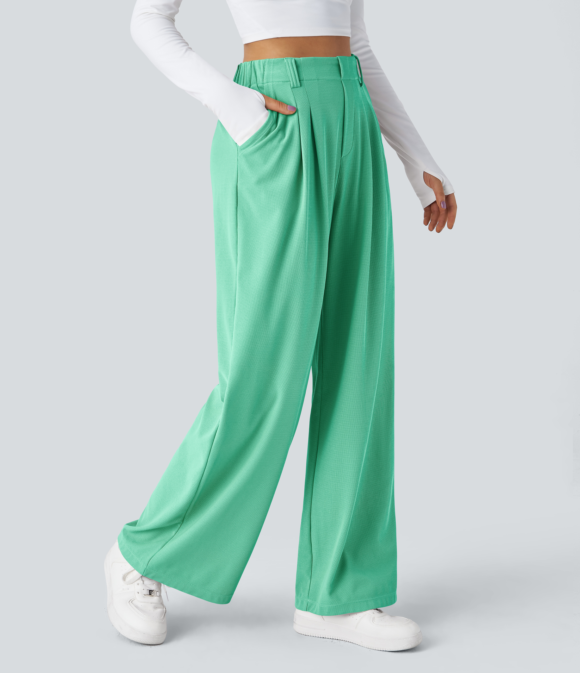 Light Sea Green High-Waisted Pleated Wide-Leg Waffle Work Pants with Pockets - 1
