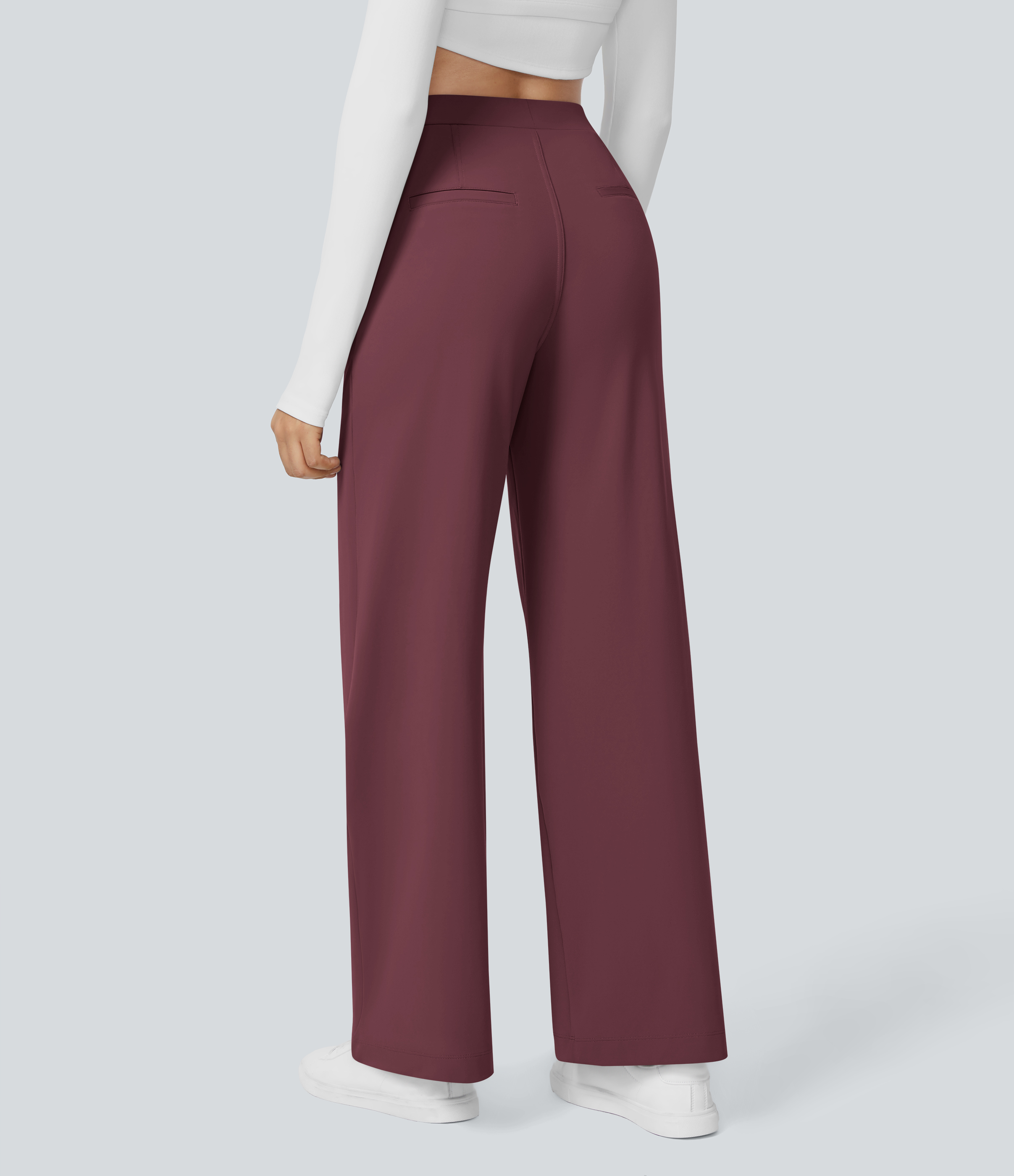 Red Mahogany High Waisted Pleated Straight Leg Work Pants with Pockets - 1