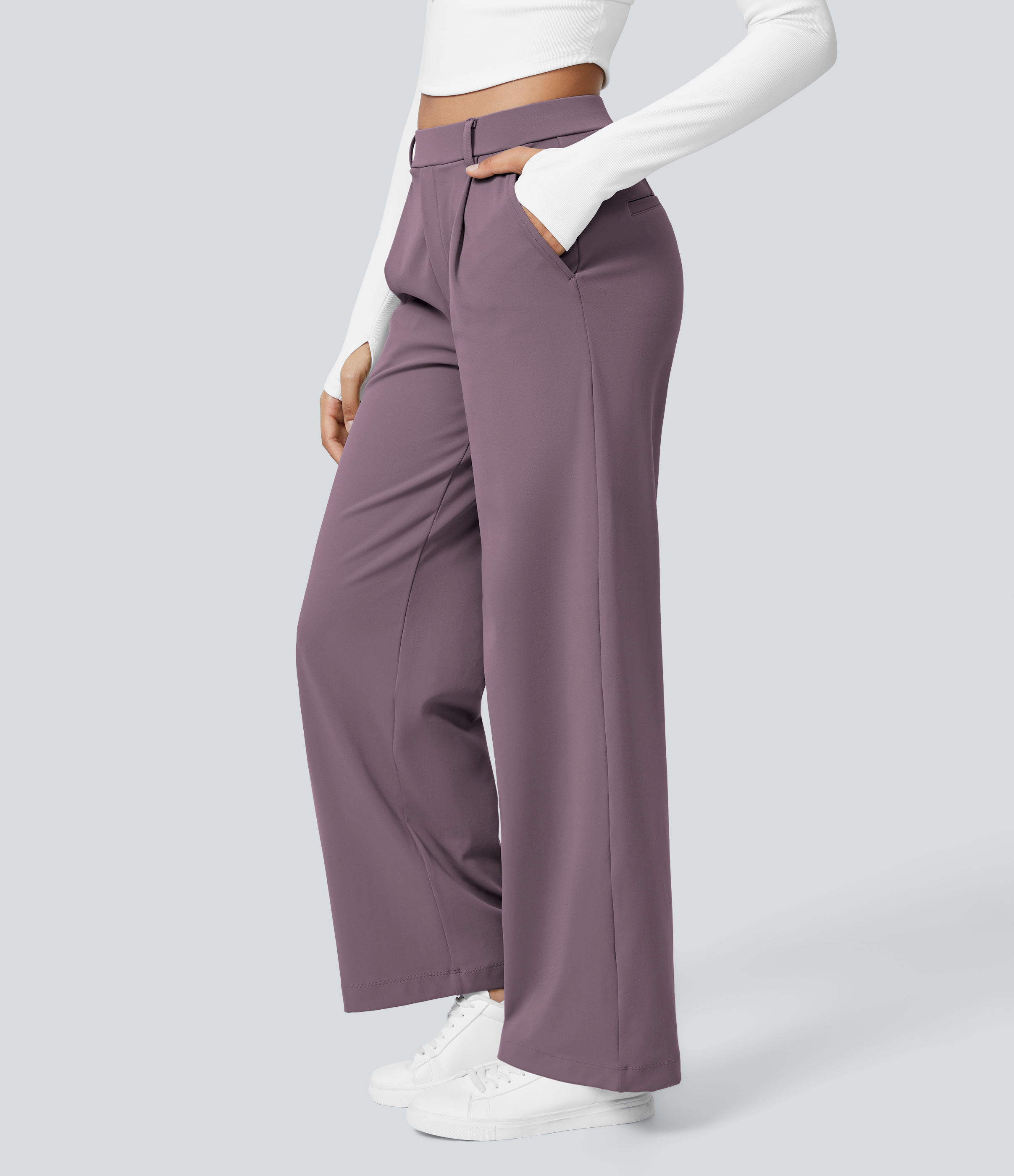 Nebula Purple High Waisted Pleated Straight Leg Work Pants with Pockets - 3