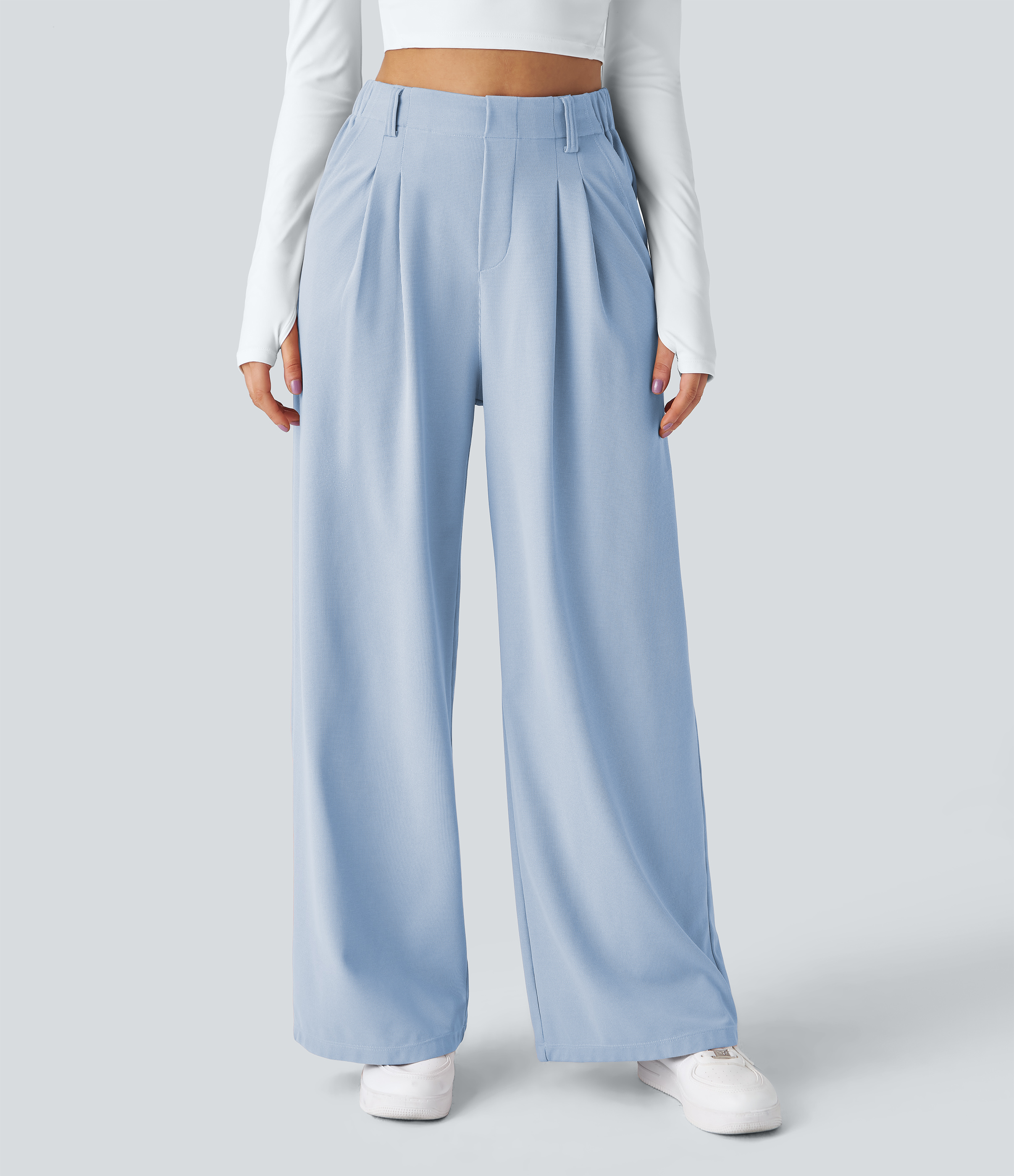 Omphalodes High-Waisted Pleated Wide-Leg Waffle Work Pants with Pockets - 3