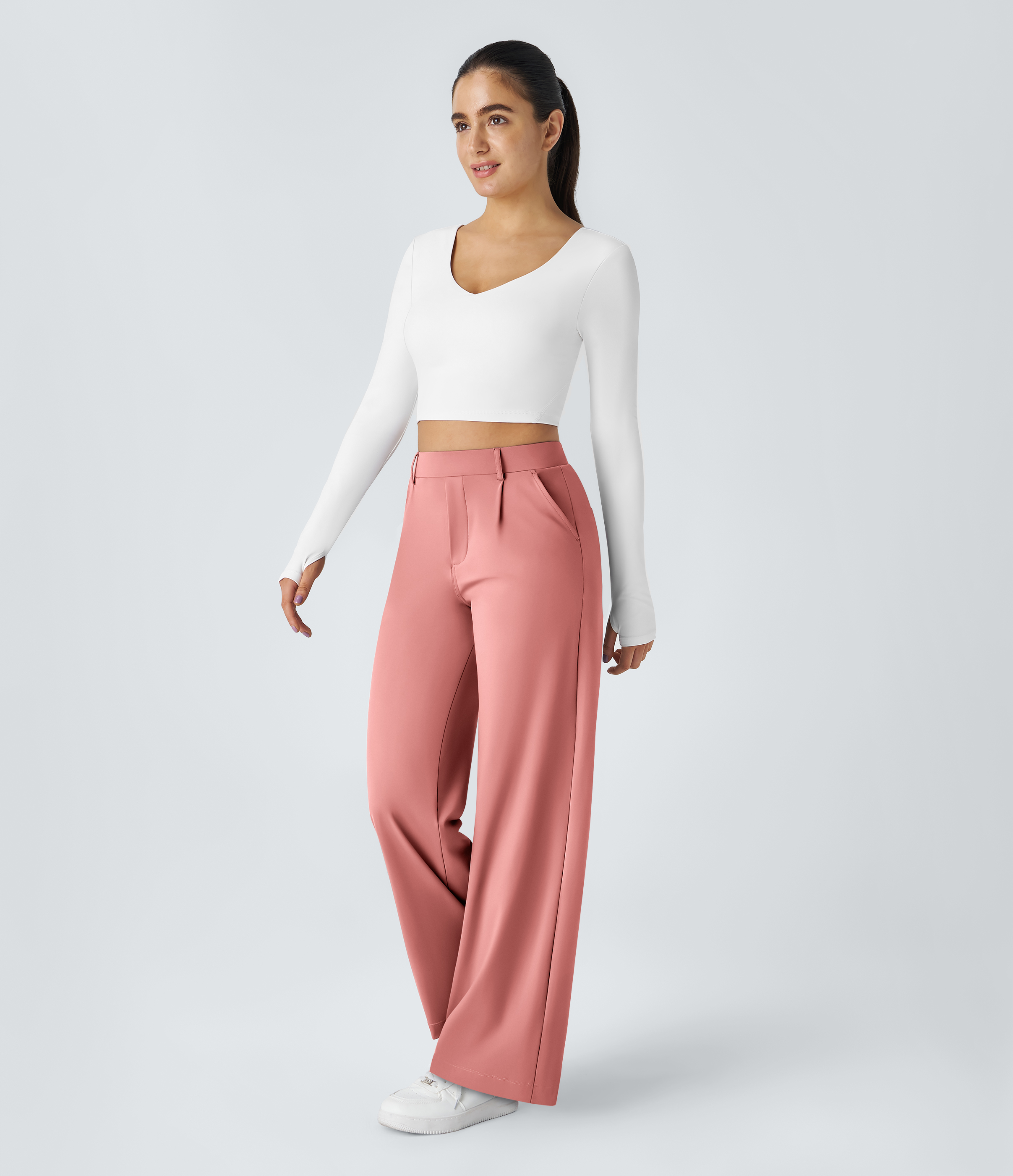 Candy Pink High Waisted Pleated Straight Leg Work Pants with Pockets - 6