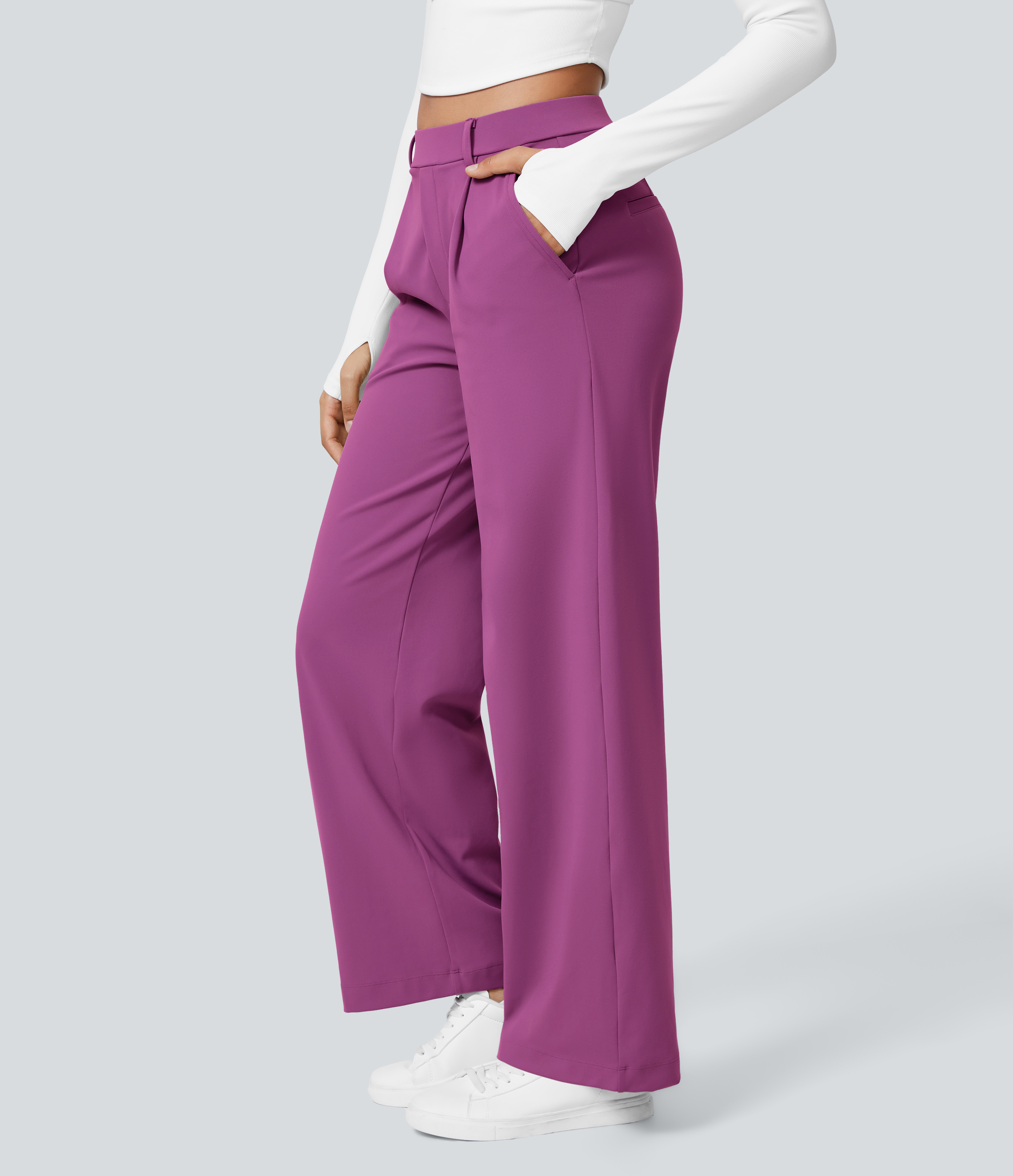 Deep Orchid High Waisted Pleated Straight Leg Work Pants with Pockets - 3