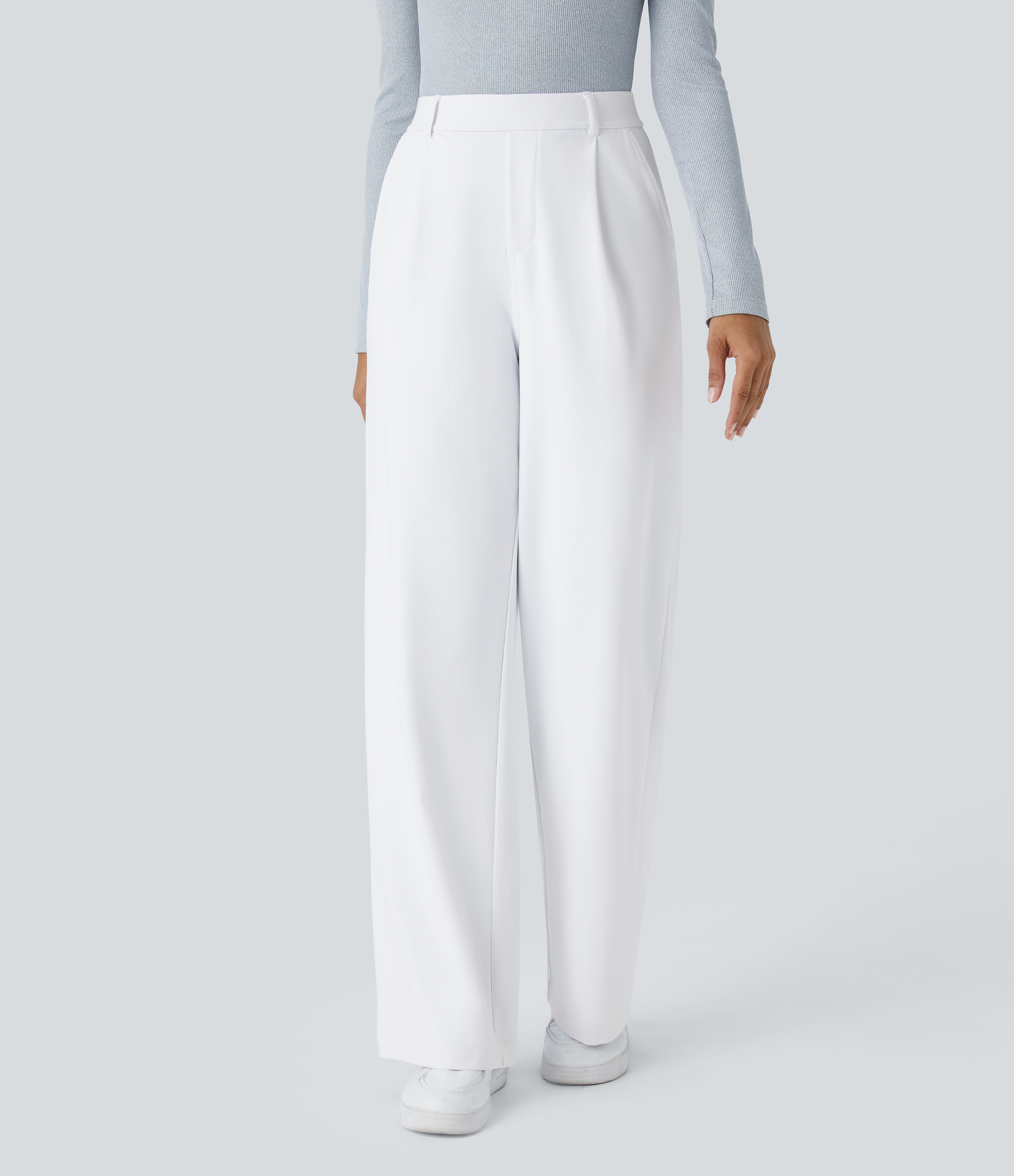 White High Waisted Pleated Straight Leg Work Pants with Pockets - 2