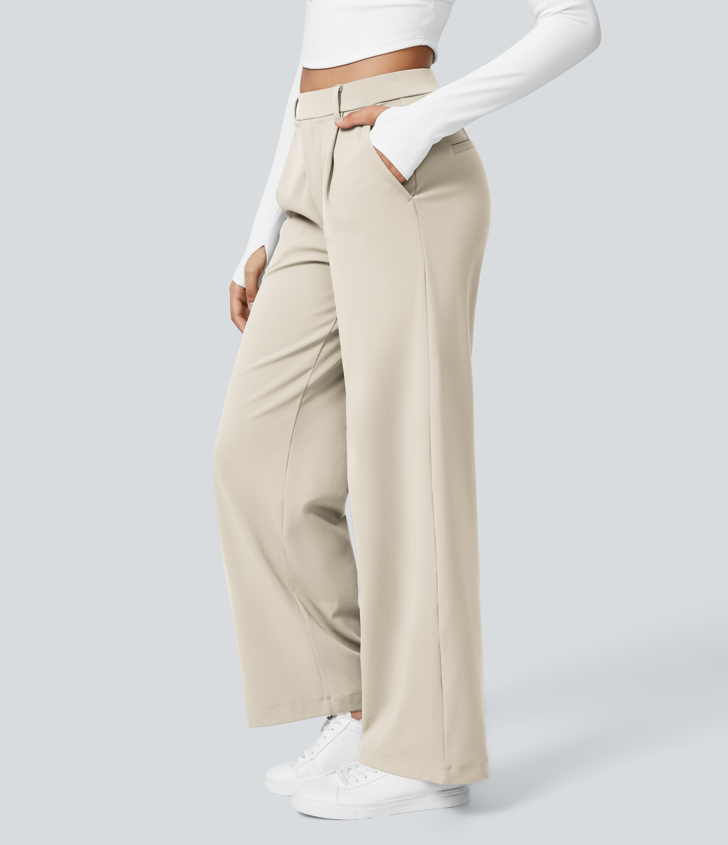 Oat Milk High Waisted Pleated Straight Leg Work Pants with Pockets - 3