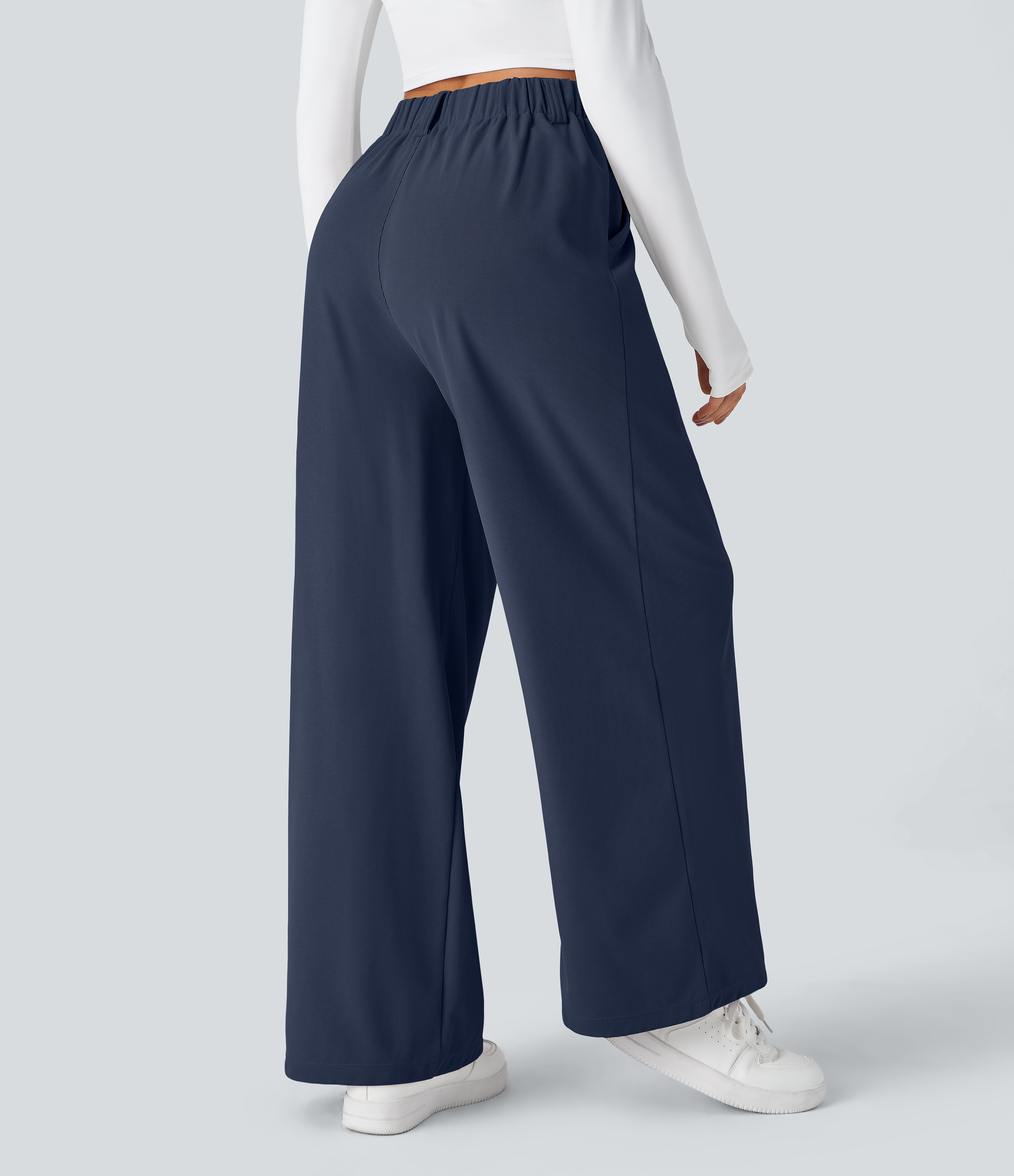 Harbor Ink High-Waisted Pleated Wide-Leg Waffle Work Pants with Pockets - 2