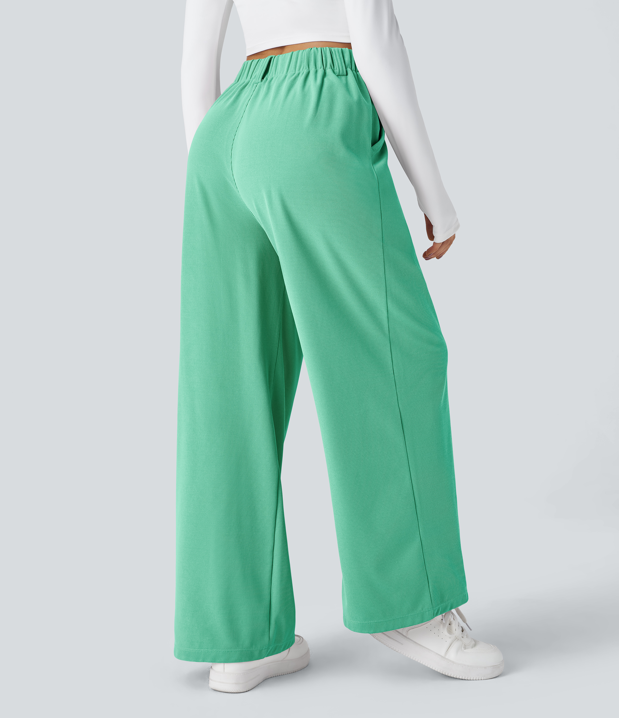 Light Sea Green High-Waisted Pleated Wide-Leg Waffle Work Pants with Pockets - 2