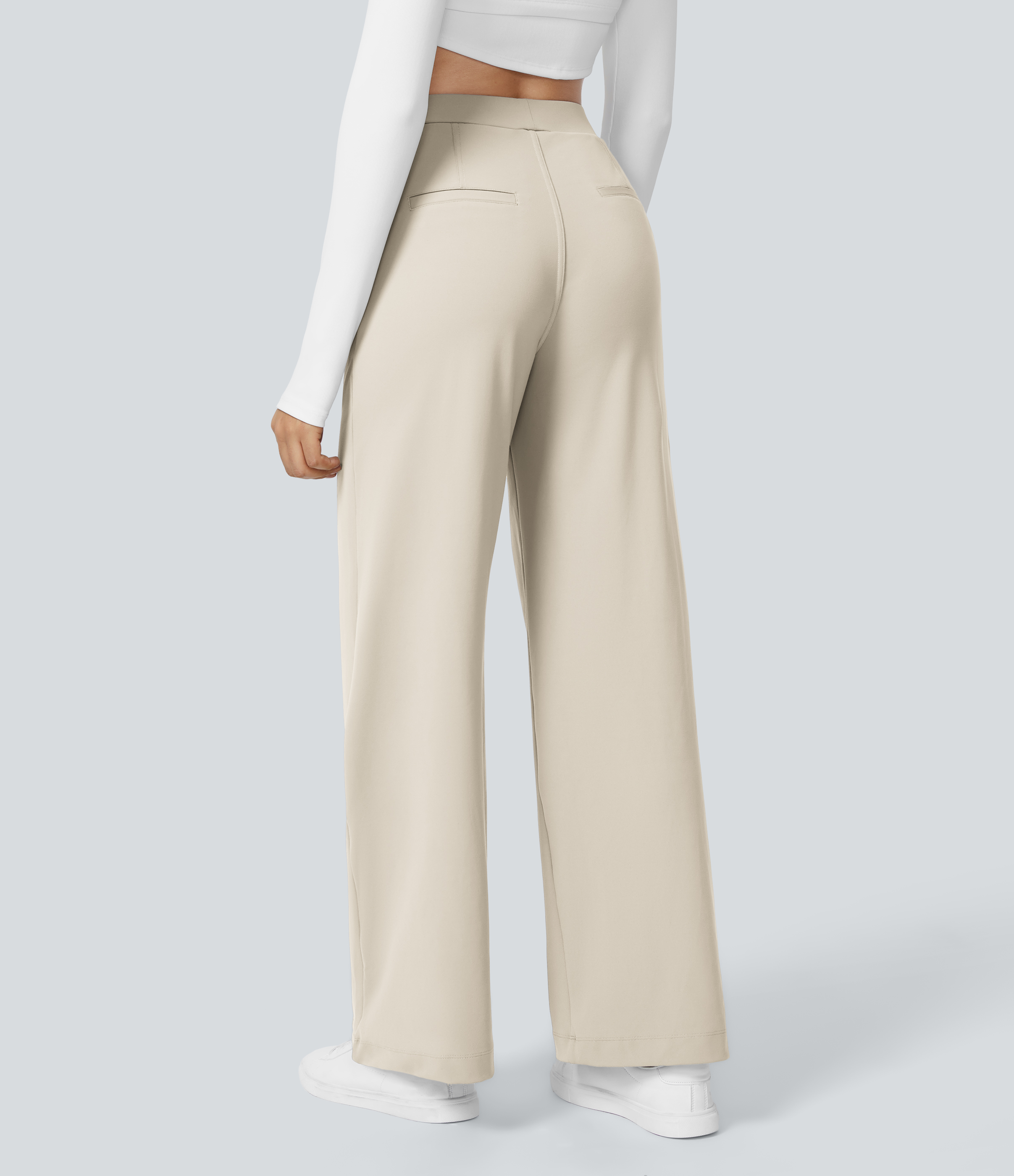 Oat Milk High Waisted Pleated Straight Leg Work Pants with Pockets - 1