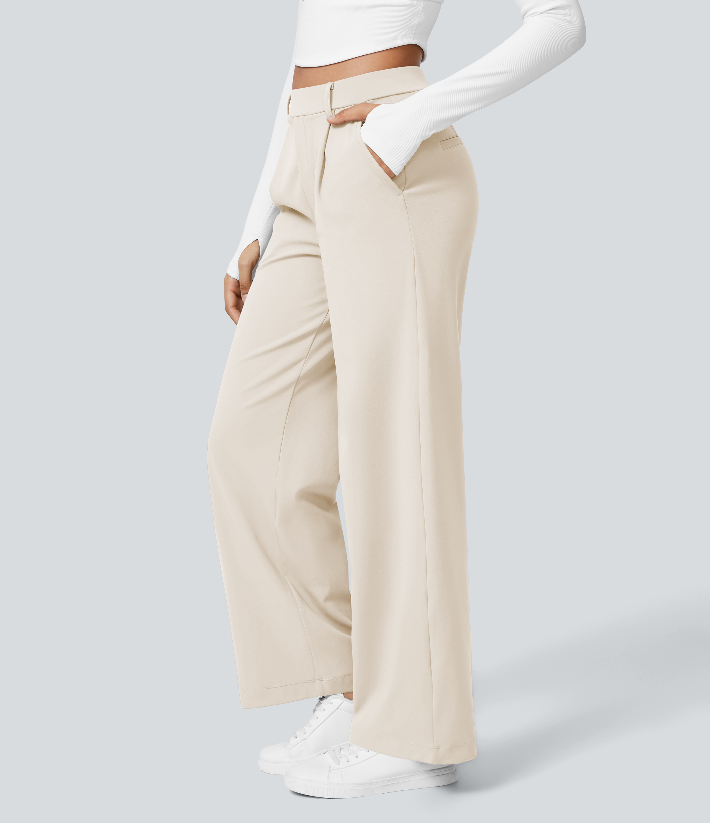 Egg Cream White High Waisted Pleated Straight Leg Work Pants with Pockets - 3