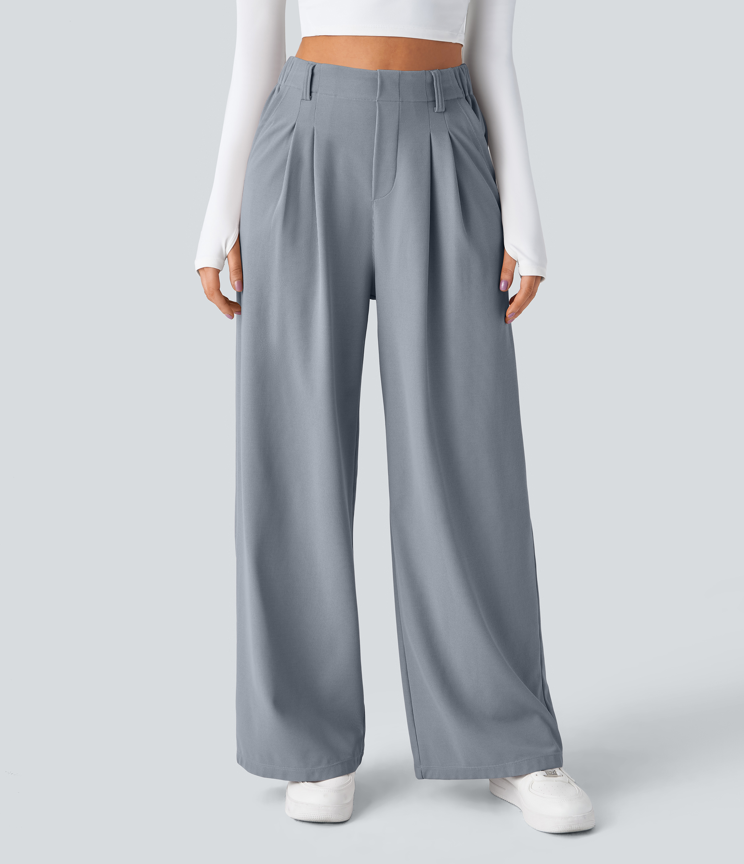 Weathervane High-Waisted Pleated Wide-Leg Waffle Work Pants with Pockets - 3