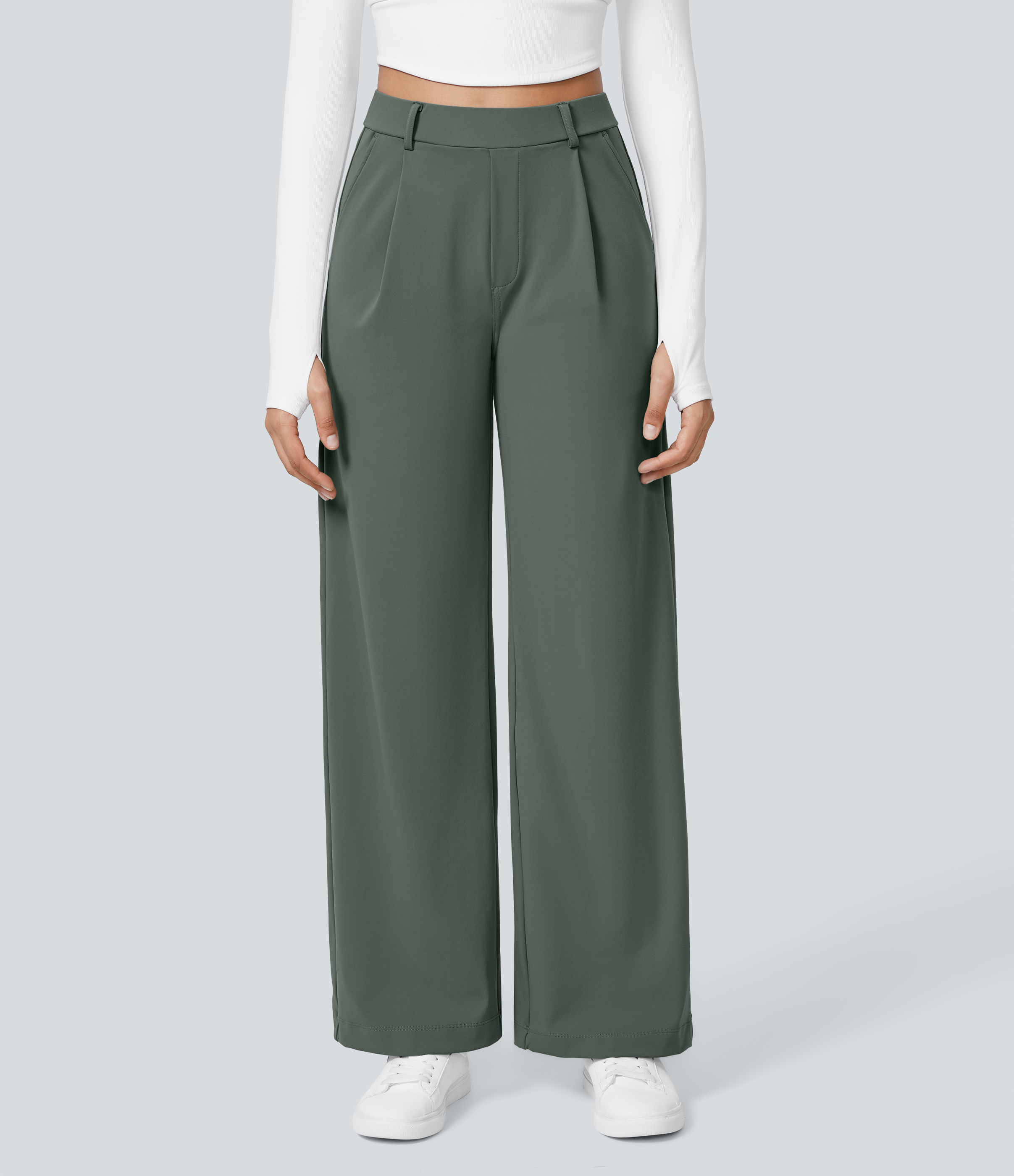 Deep Aquamarine High Waisted Pleated Straight Leg Work Pants with Pockets - 2