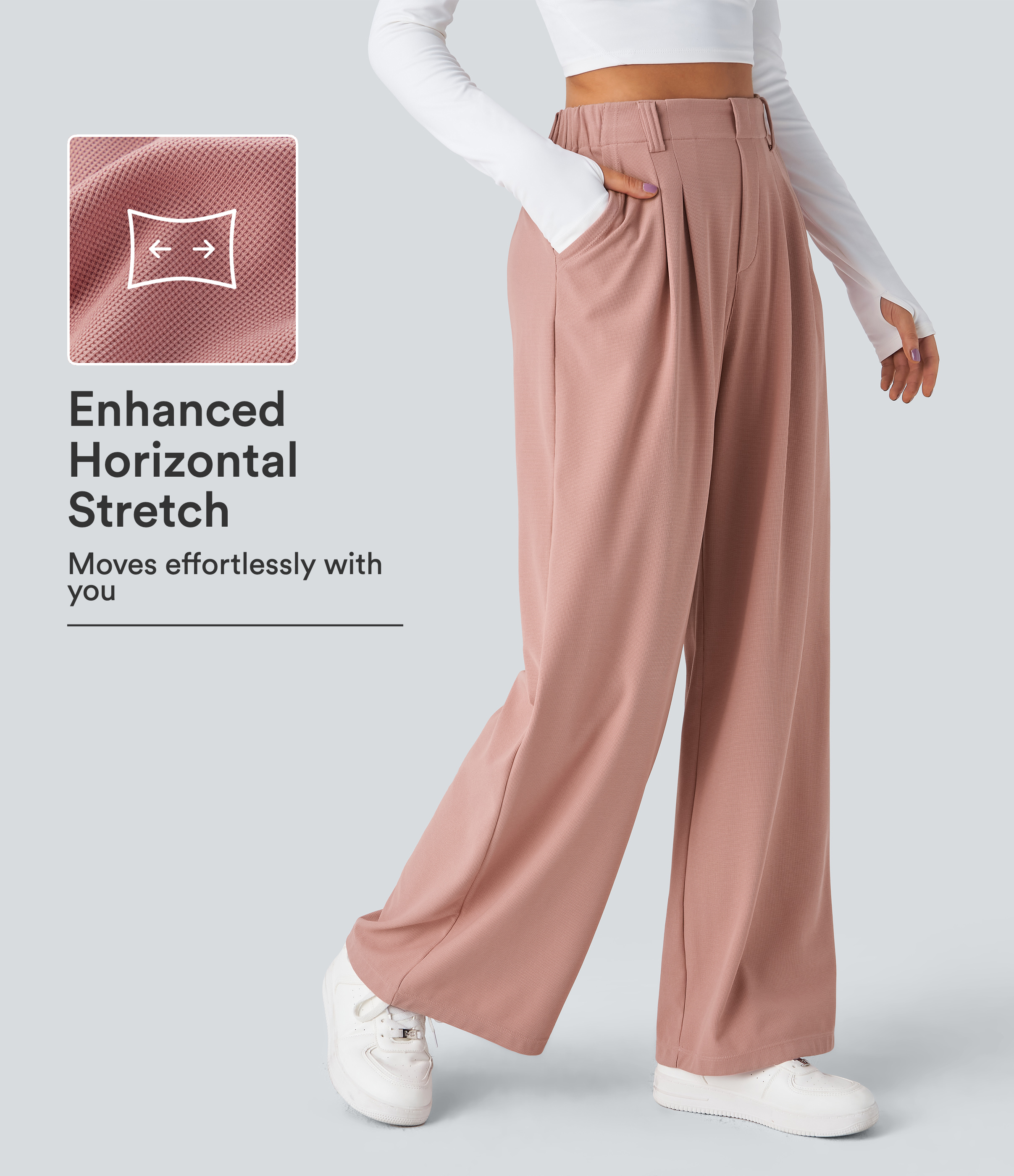 Rose Tan High-Waisted Pleated Wide-Leg Waffle Work Pants with Pockets - 1