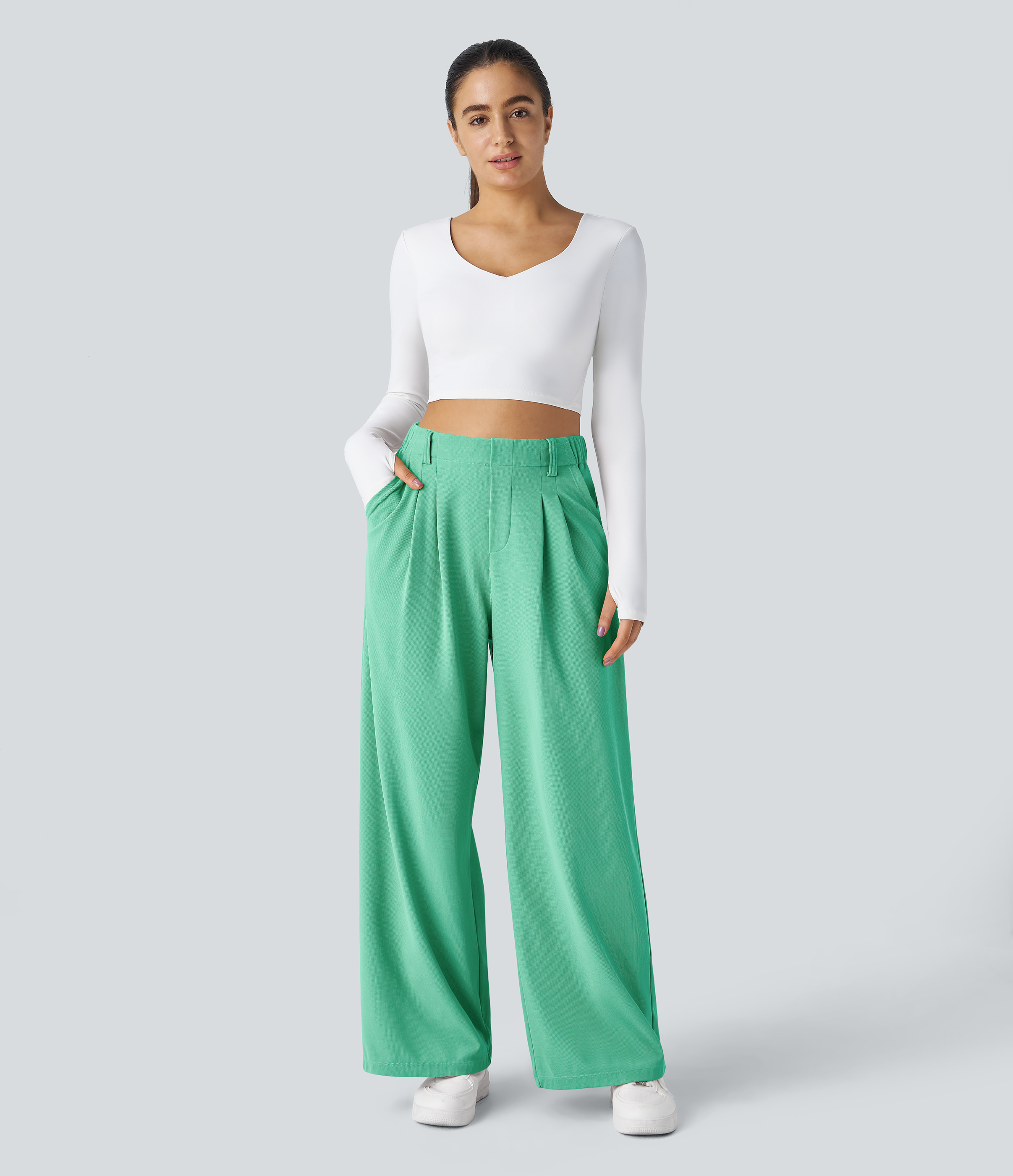 Light Sea Green High-Waisted Pleated Wide-Leg Waffle Work Pants with Pockets - 4