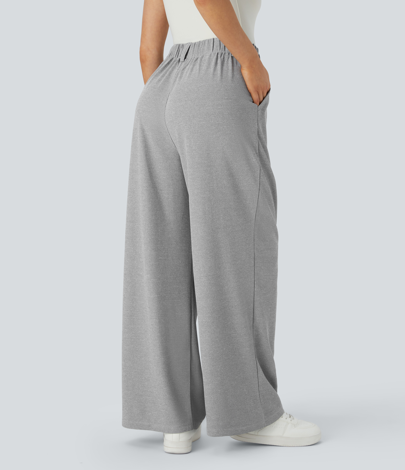 Waffle Gray High-Waisted Pleated Wide-Leg Waffle Work Pants with Pockets - 2