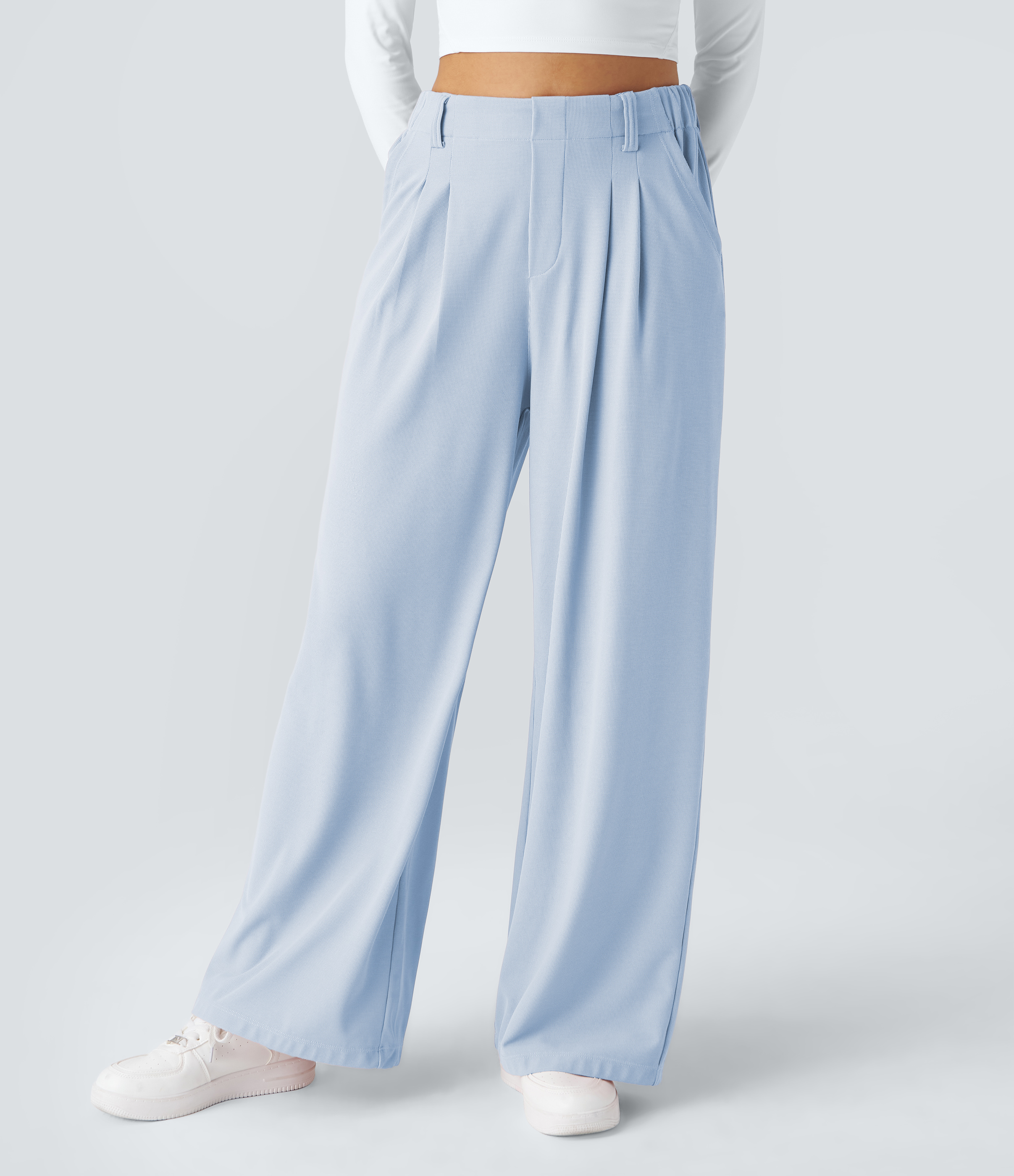 Omphalodes High-Waisted Pleated Wide-Leg Waffle Work Pants with Pockets - 4