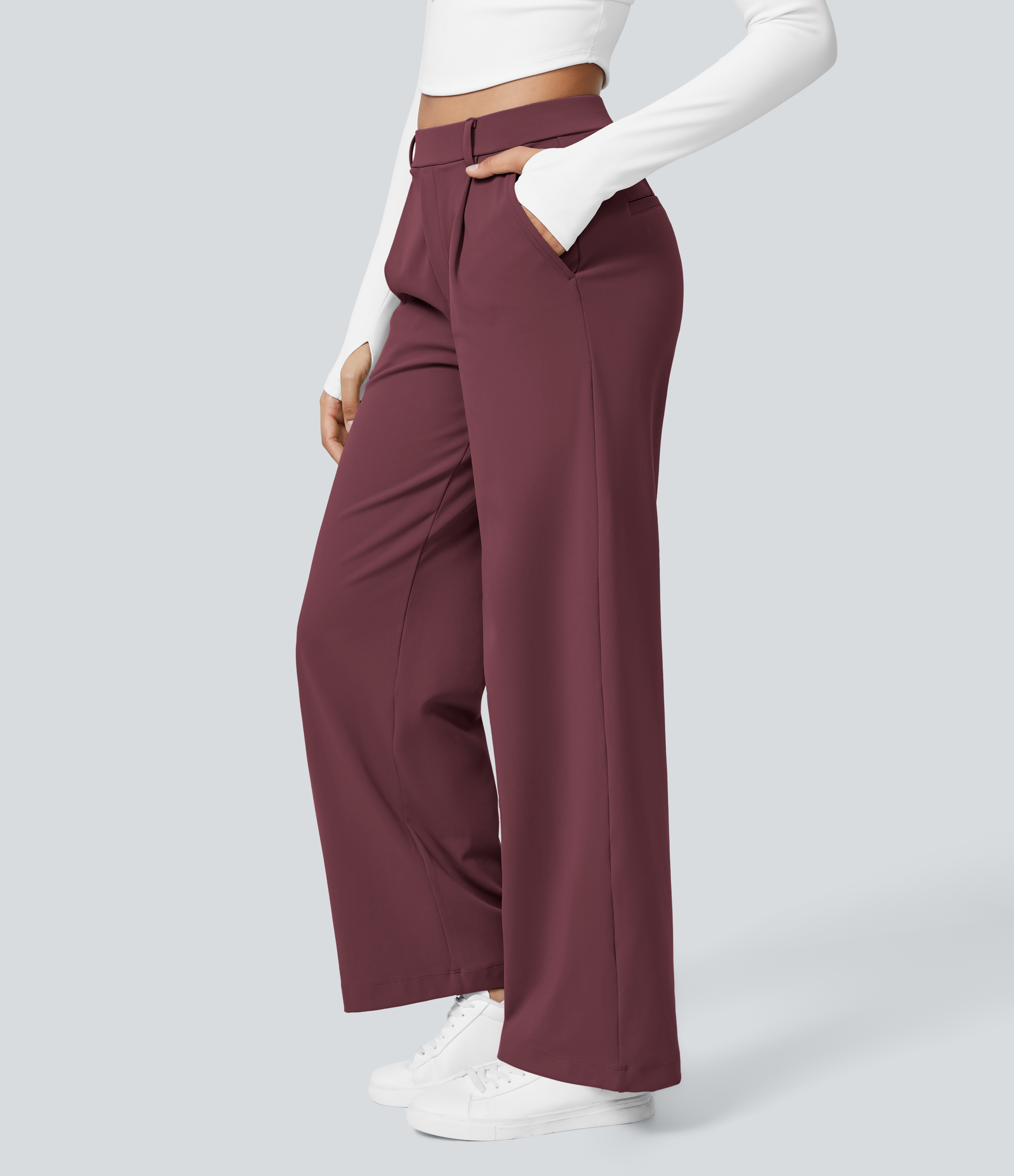 Red Mahogany High Waisted Pleated Straight Leg Work Pants with Pockets - 3