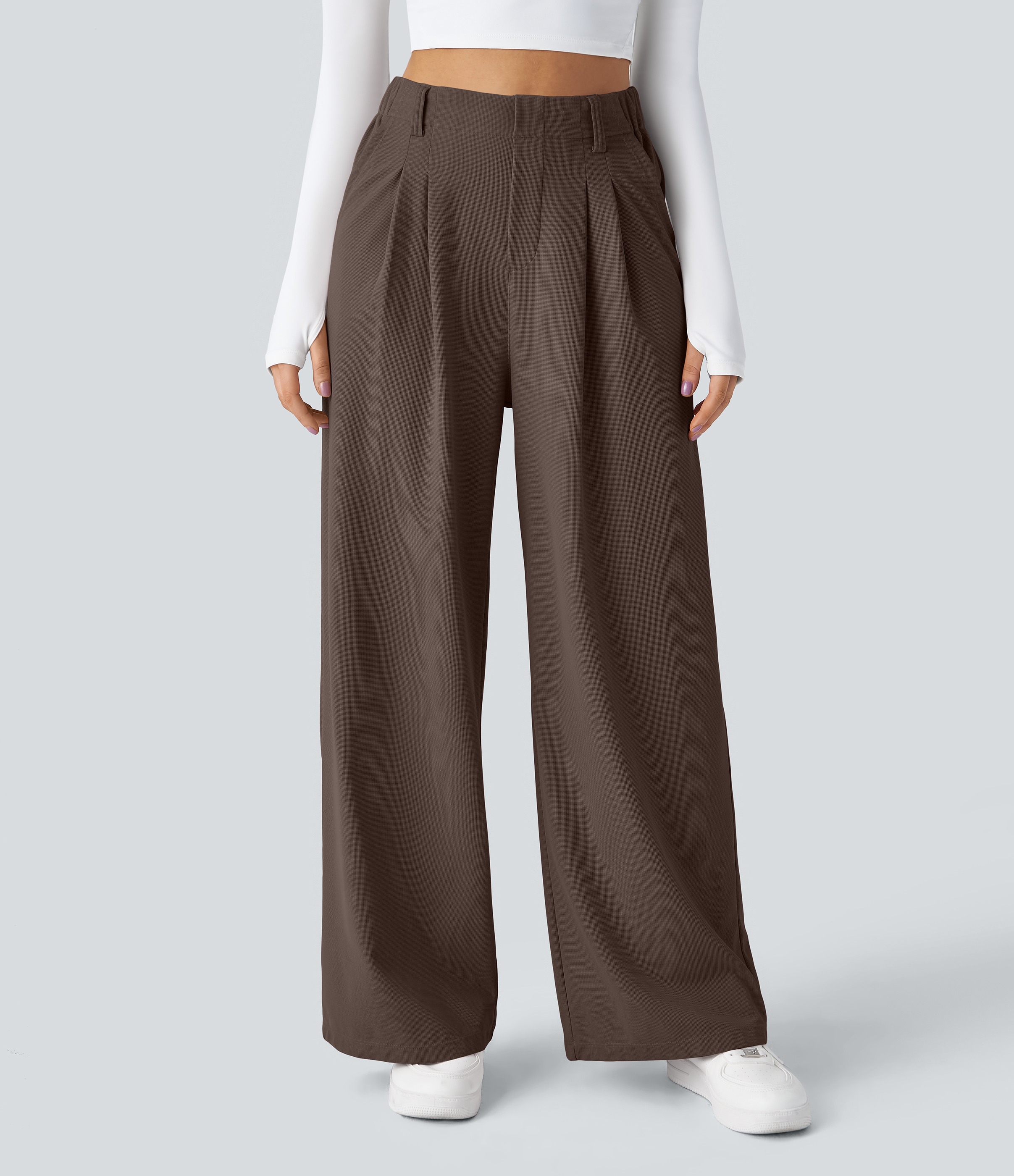 Chocolate Martini High-Waisted Pleated Wide-Leg Waffle Work Pants with Pockets - 3