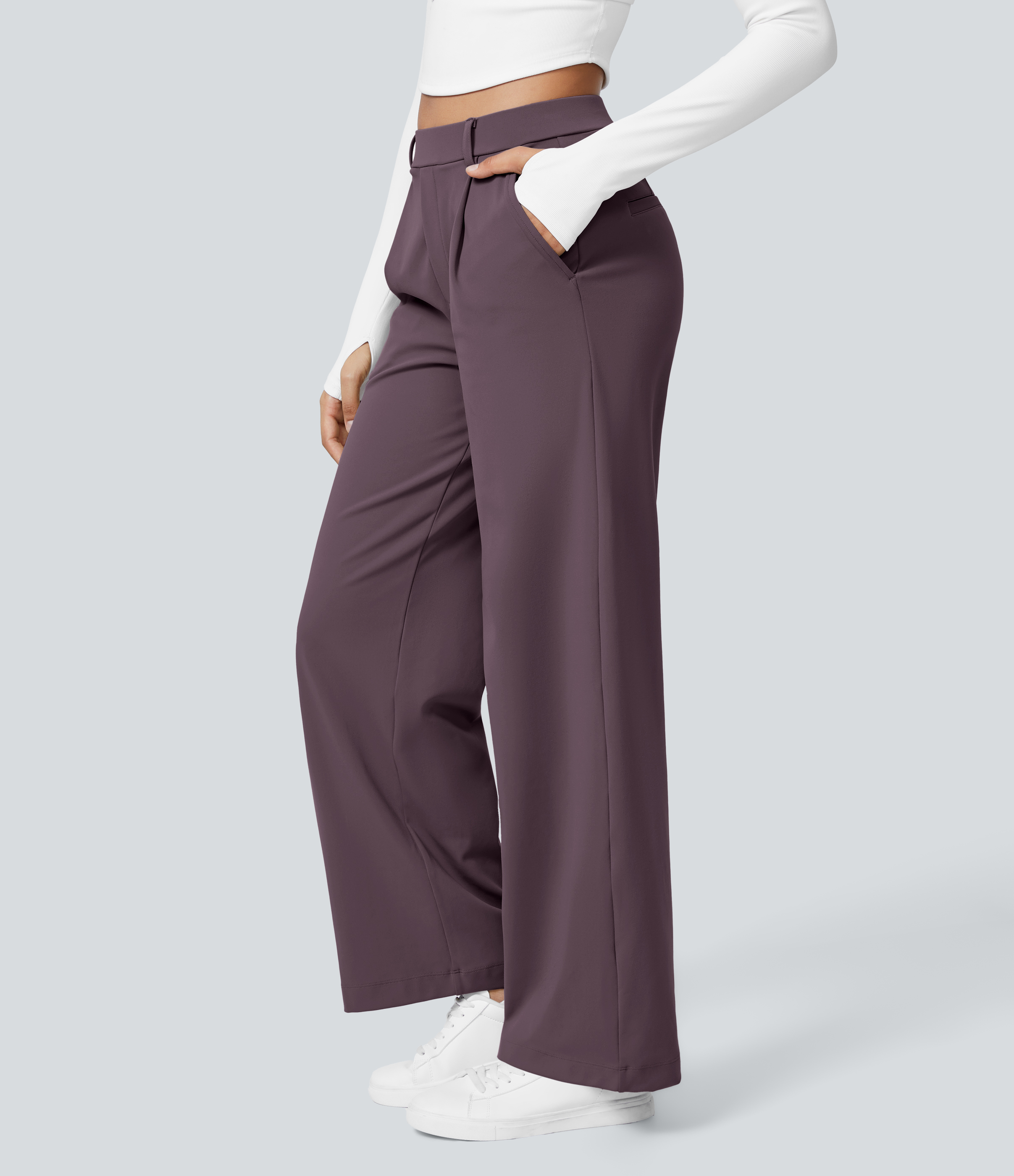 Dusky Evening purple High Waisted Pleated Straight Leg Work Pants with Pockets - 3