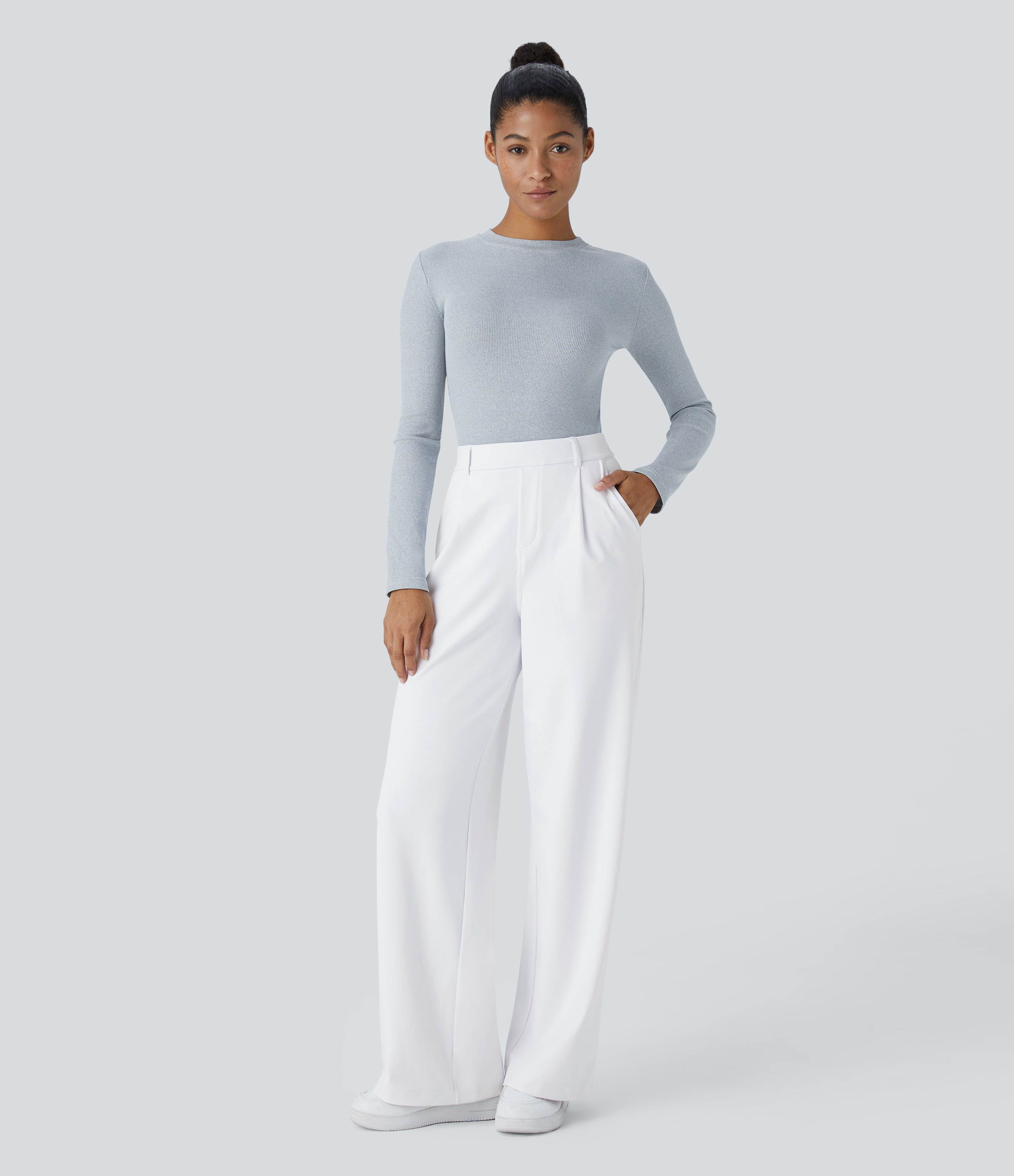 White High Waisted Pleated Straight Leg Work Pants with Pockets - 6