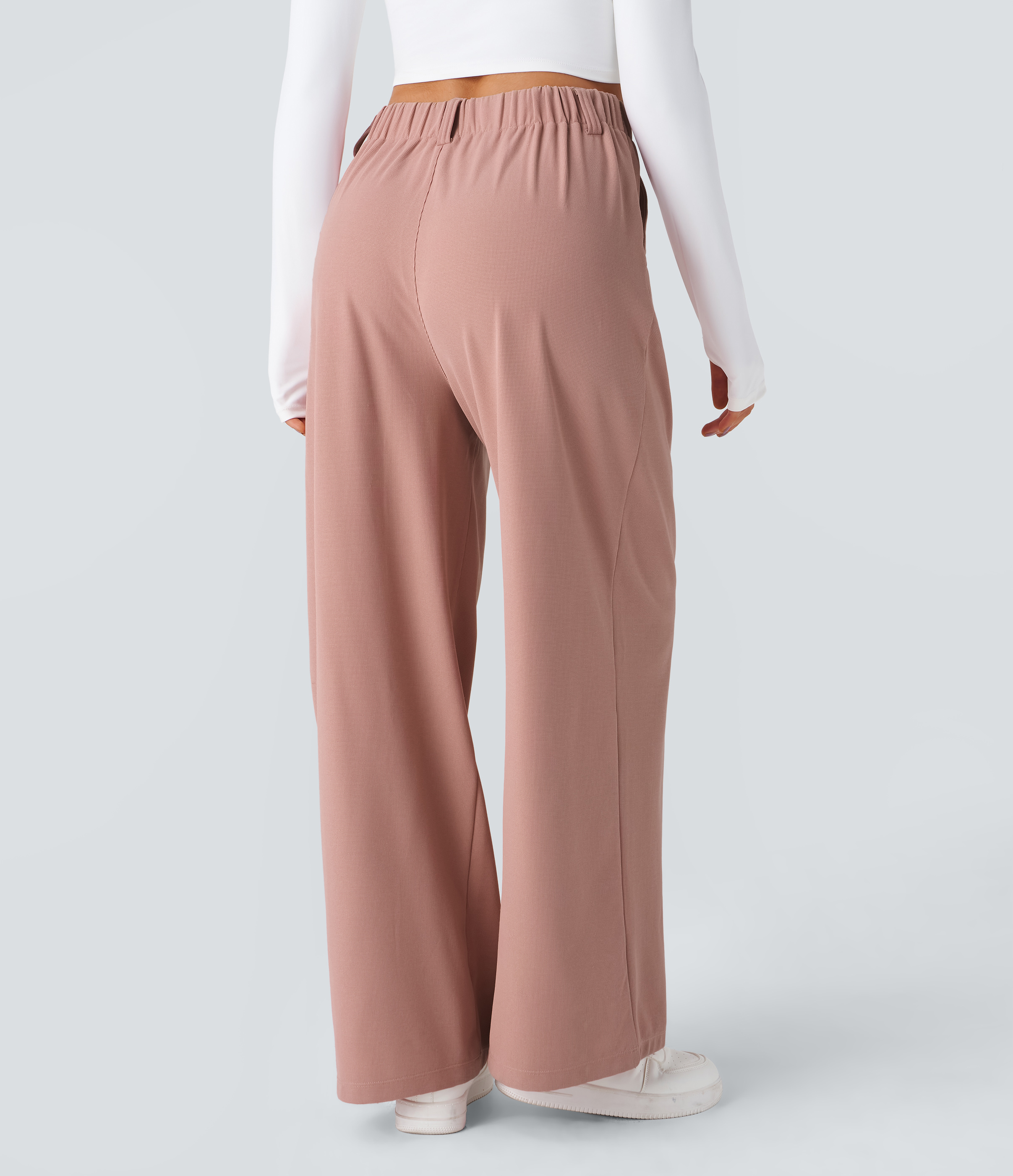 Rose Tan High-Waisted Pleated Wide-Leg Waffle Work Pants with Pockets - 4