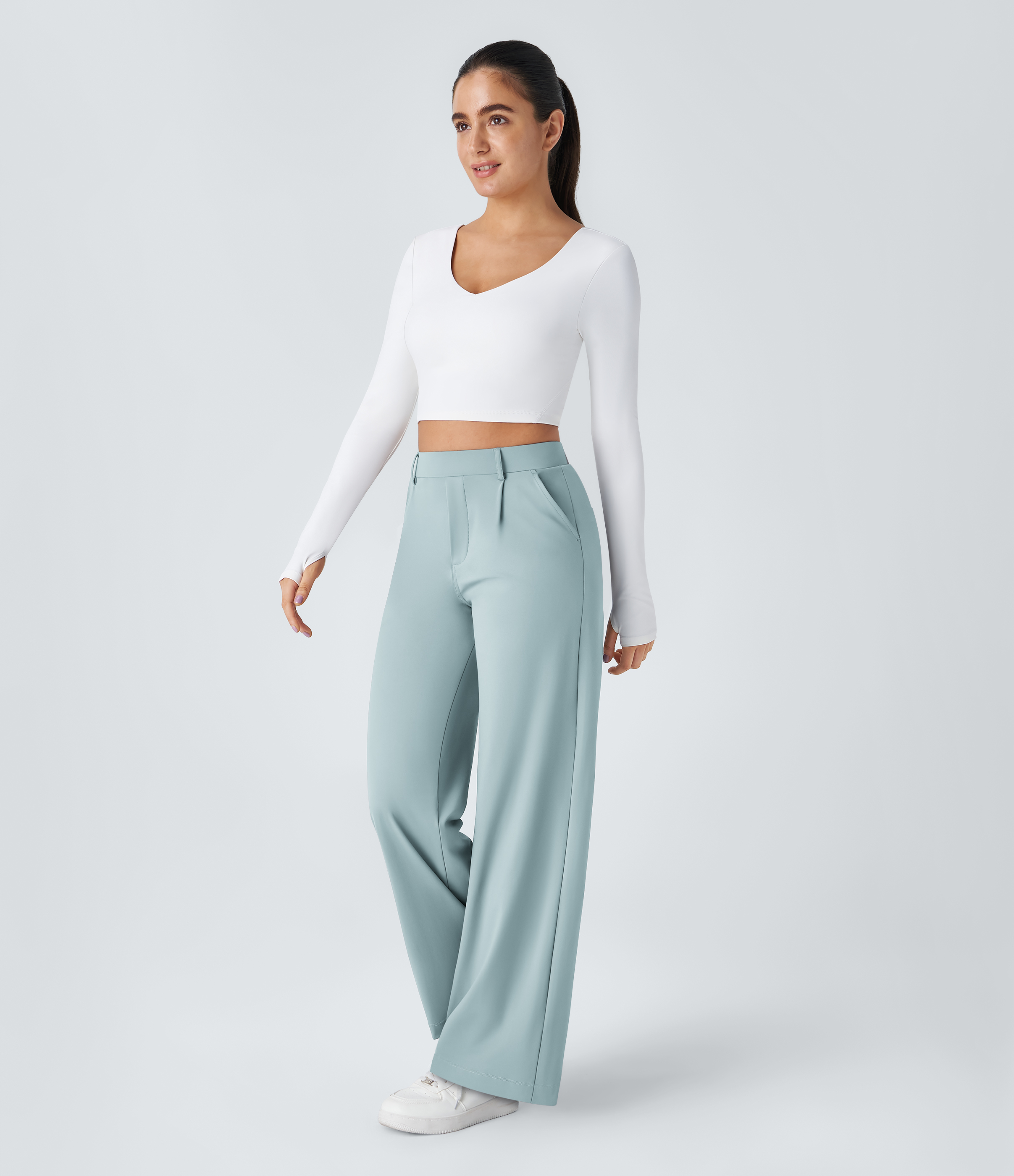 Baby Blue High Waisted Pleated Straight Leg Work Pants with Pockets - 6