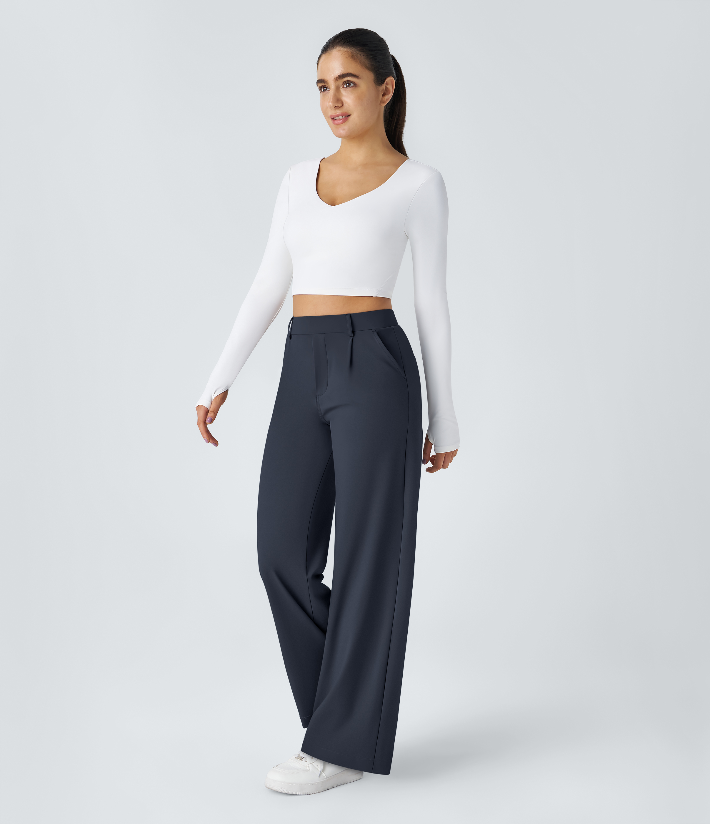Midnight Blue High Waisted Pleated Straight Leg Work Pants with Pockets - 6