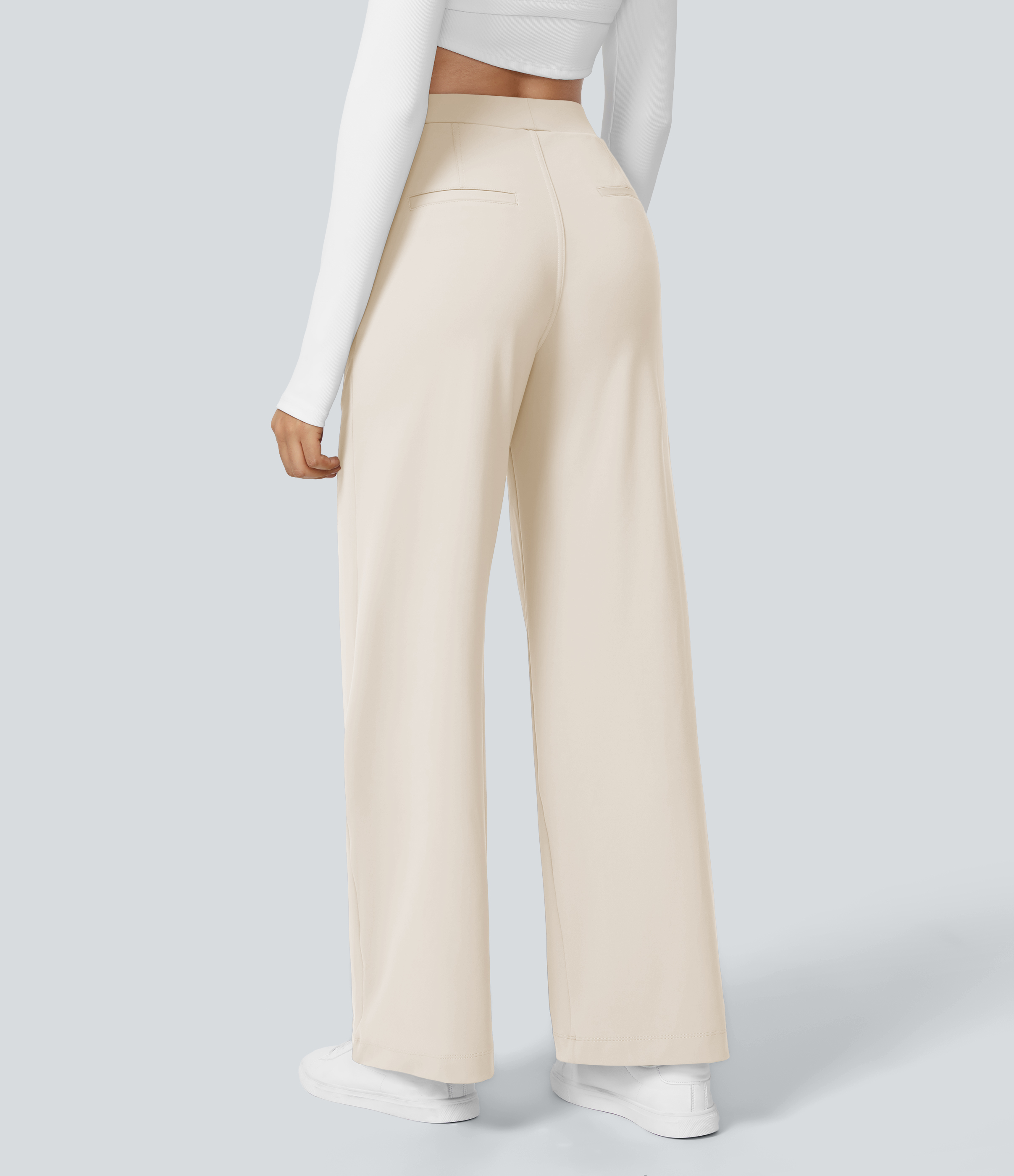Egg Cream White High Waisted Pleated Straight Leg Work Pants with Pockets - 1