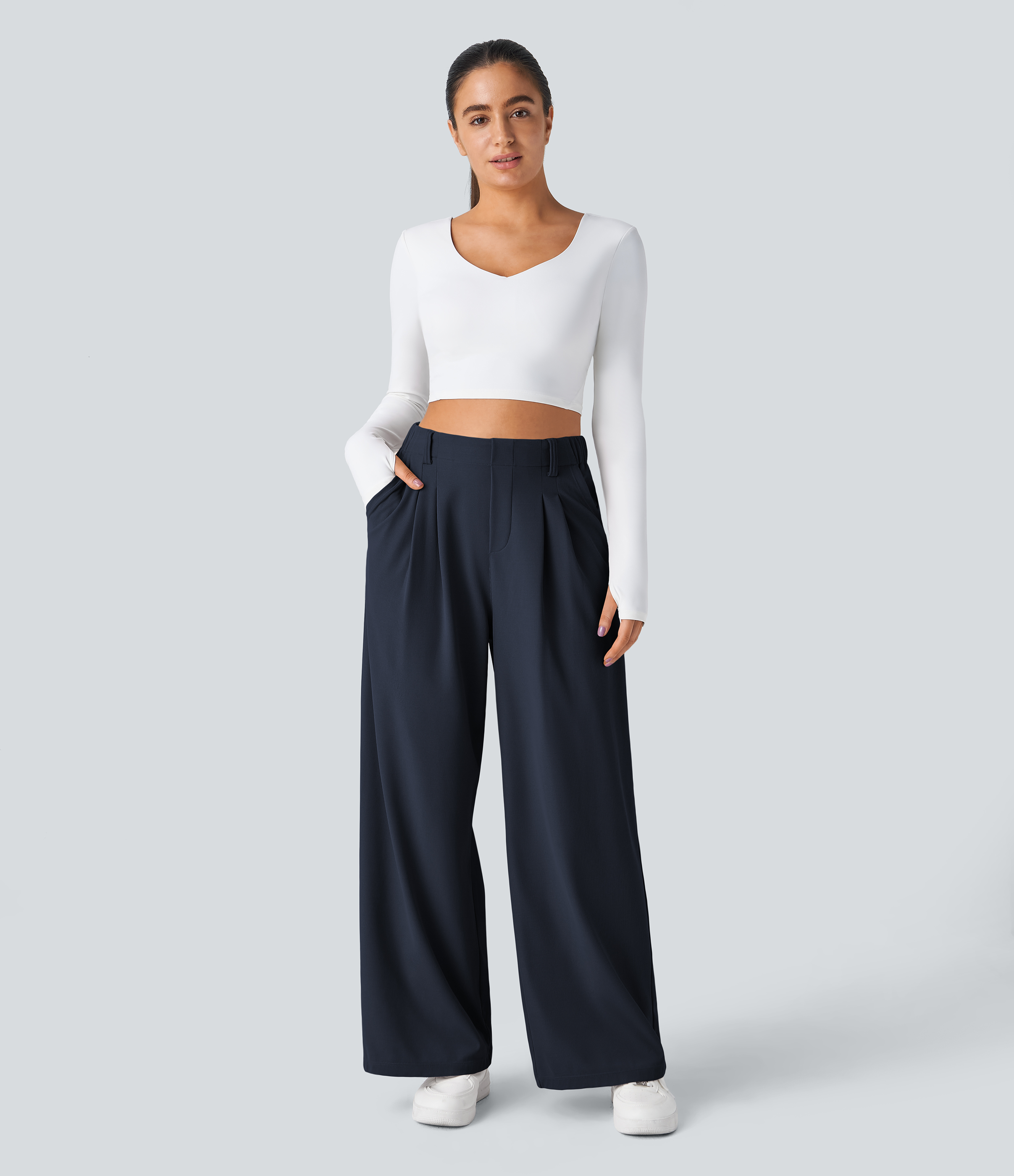 Navy Blazer High-Waisted Pleated Wide-Leg Waffle Work Pants with Pockets - 5