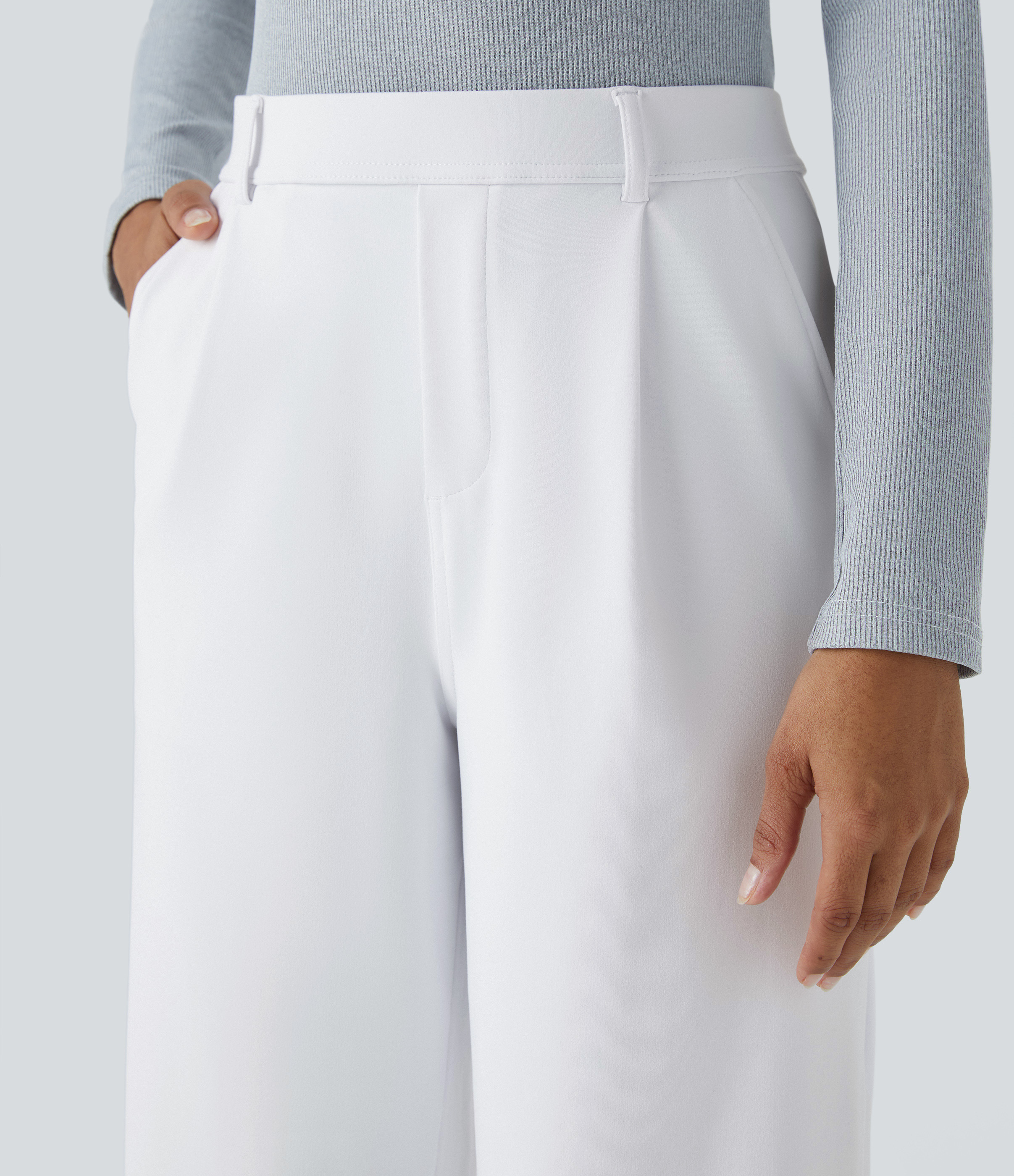 White High Waisted Pleated Straight Leg Work Pants with Pockets - 5