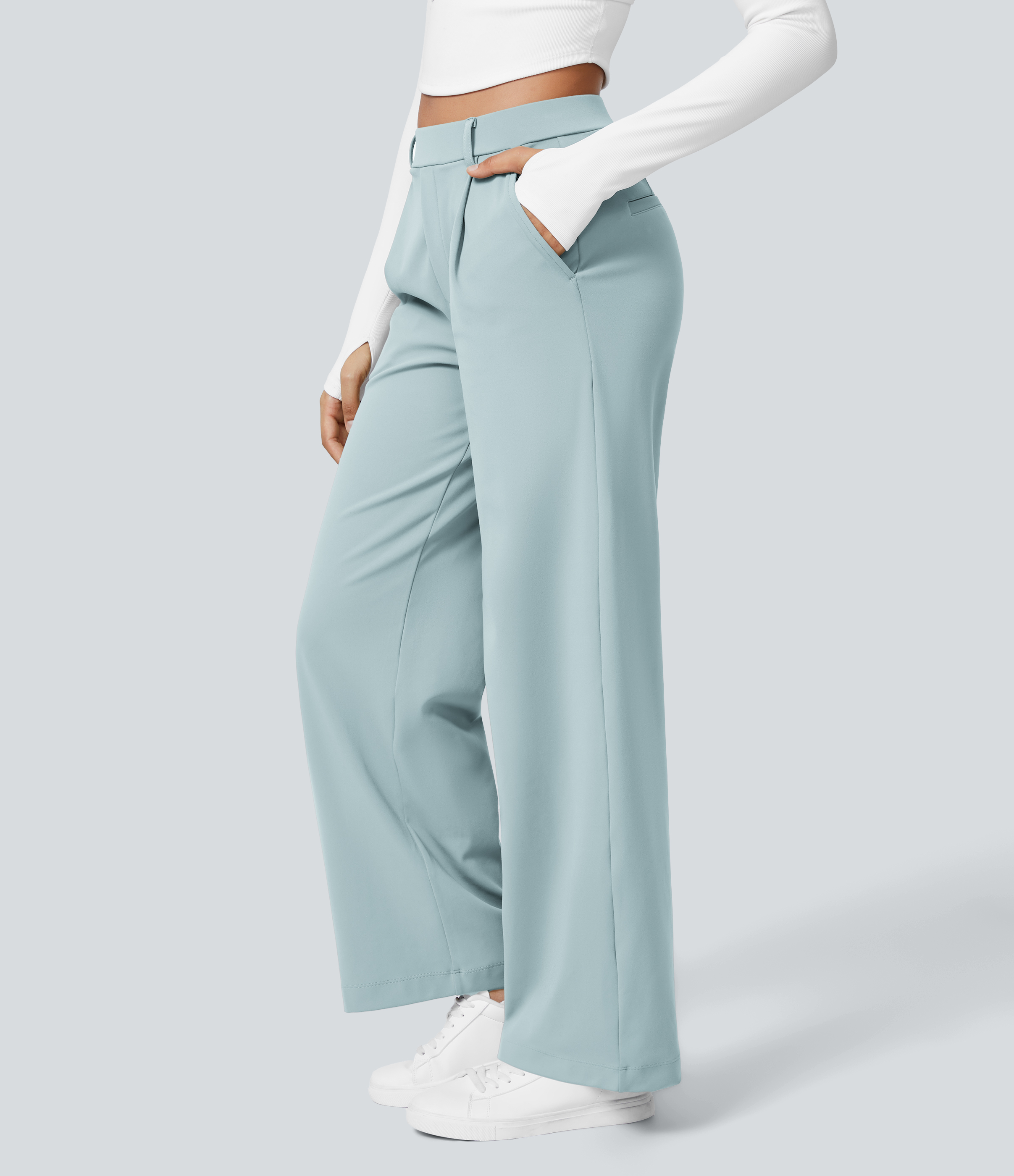 Baby Blue High Waisted Pleated Straight Leg Work Pants with Pockets - 3