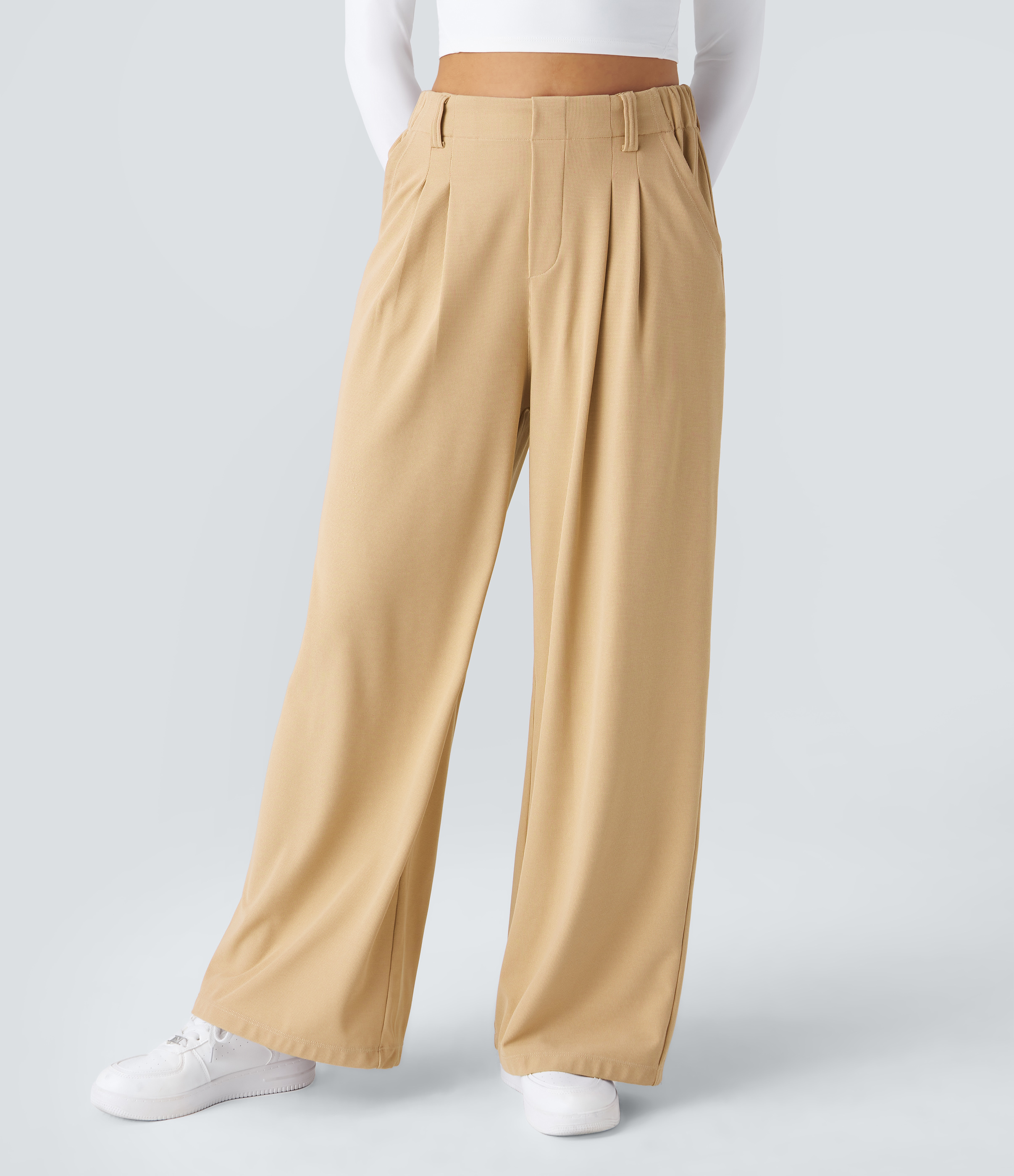 Mellow Buff High-Waisted Pleated Wide-Leg Waffle Work Pants with Pockets - 4