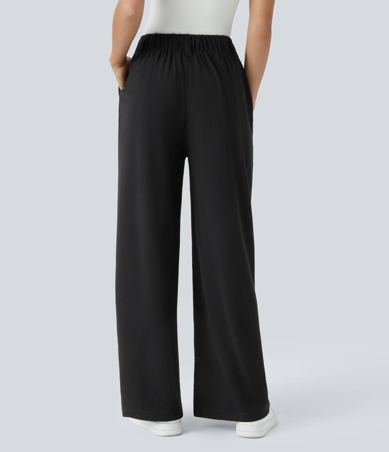 Black High-Waisted Pleated Wide-Leg Waffle Work Pants with Pockets - 2