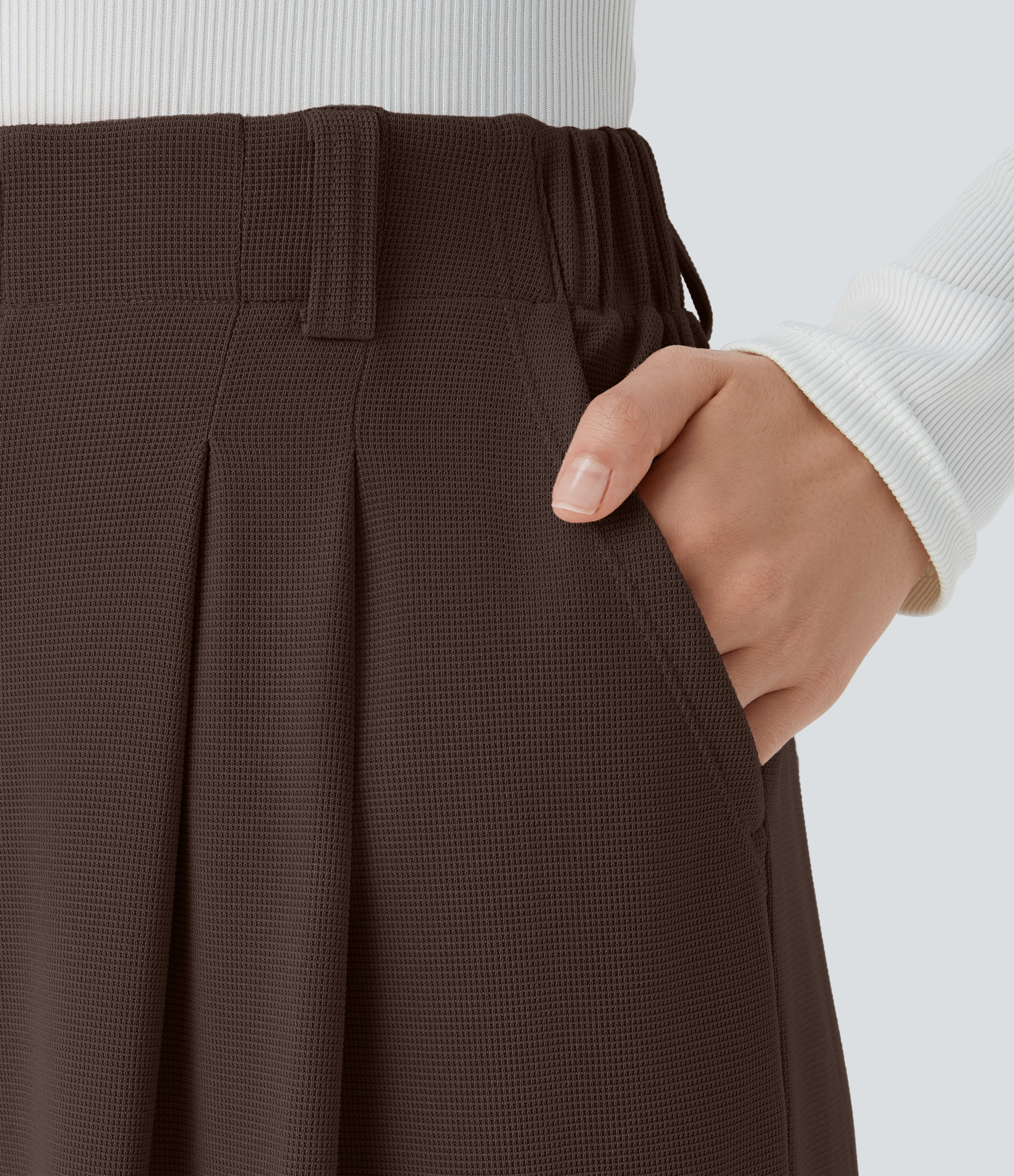 Chocolate Martini High-Waisted Pleated Wide-Leg Waffle Work Pants with Pockets - 4