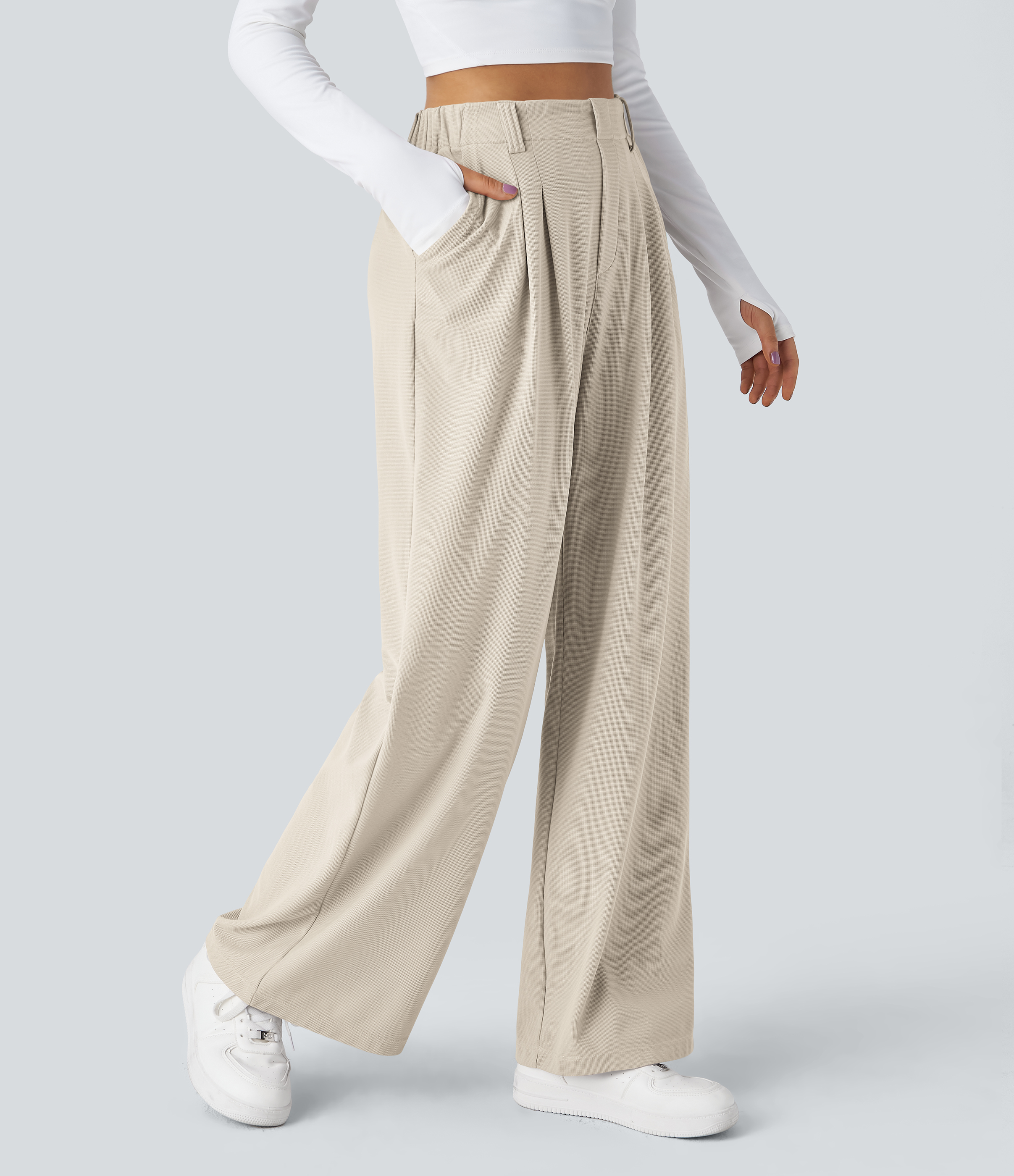 Buttermilk White High-Waisted Pleated Wide-Leg Waffle Work Pants with Pockets - 1