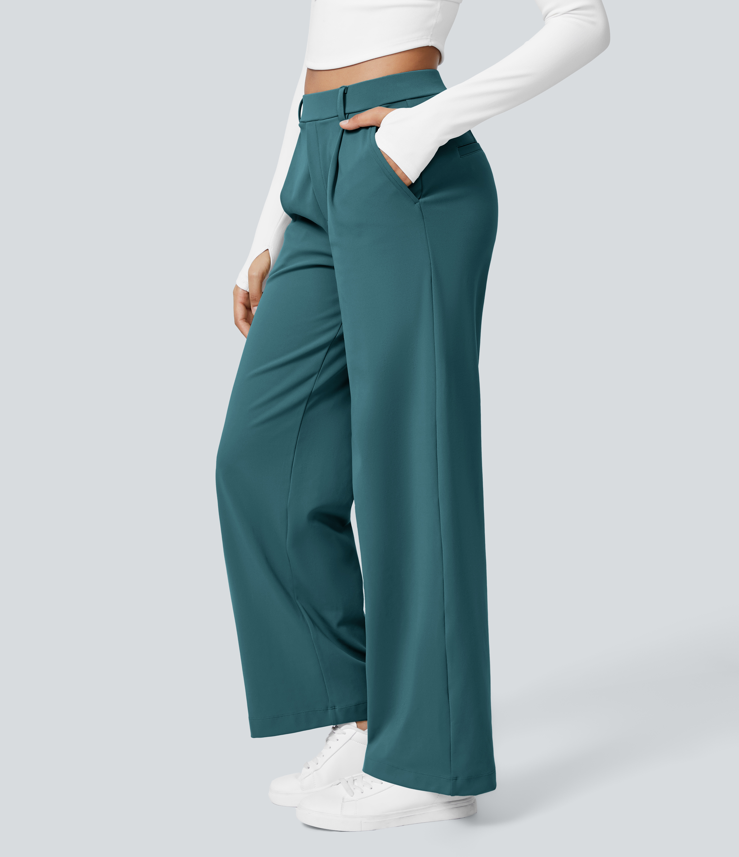 Atlantic Deep High Waisted Pleated Straight Leg Work Pants with Pockets - 3