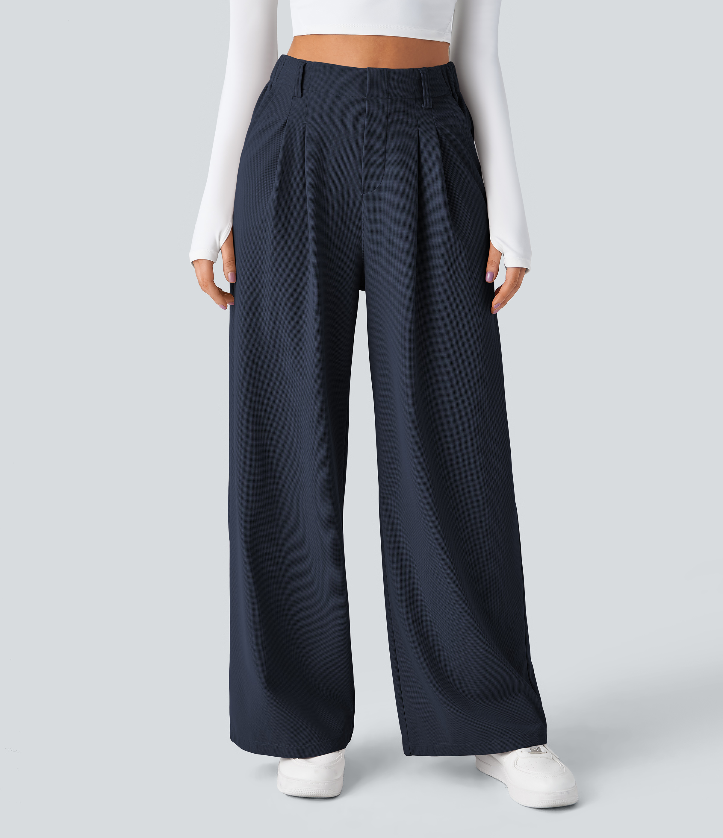 Navy Blazer High-Waisted Pleated Wide-Leg Waffle Work Pants with Pockets - 1