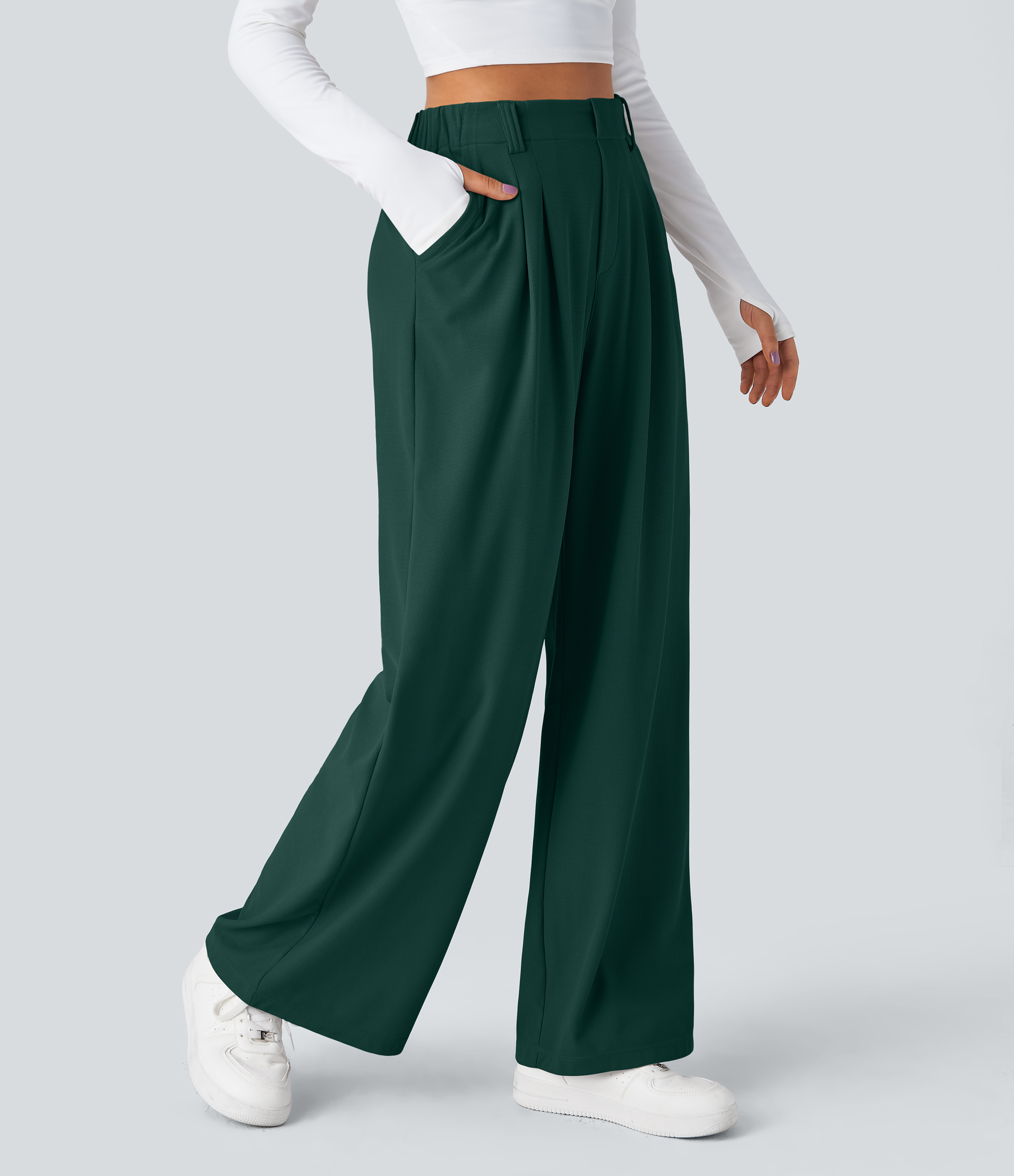 Forest Biome High-Waisted Pleated Wide-Leg Waffle Work Pants with Pockets - 1