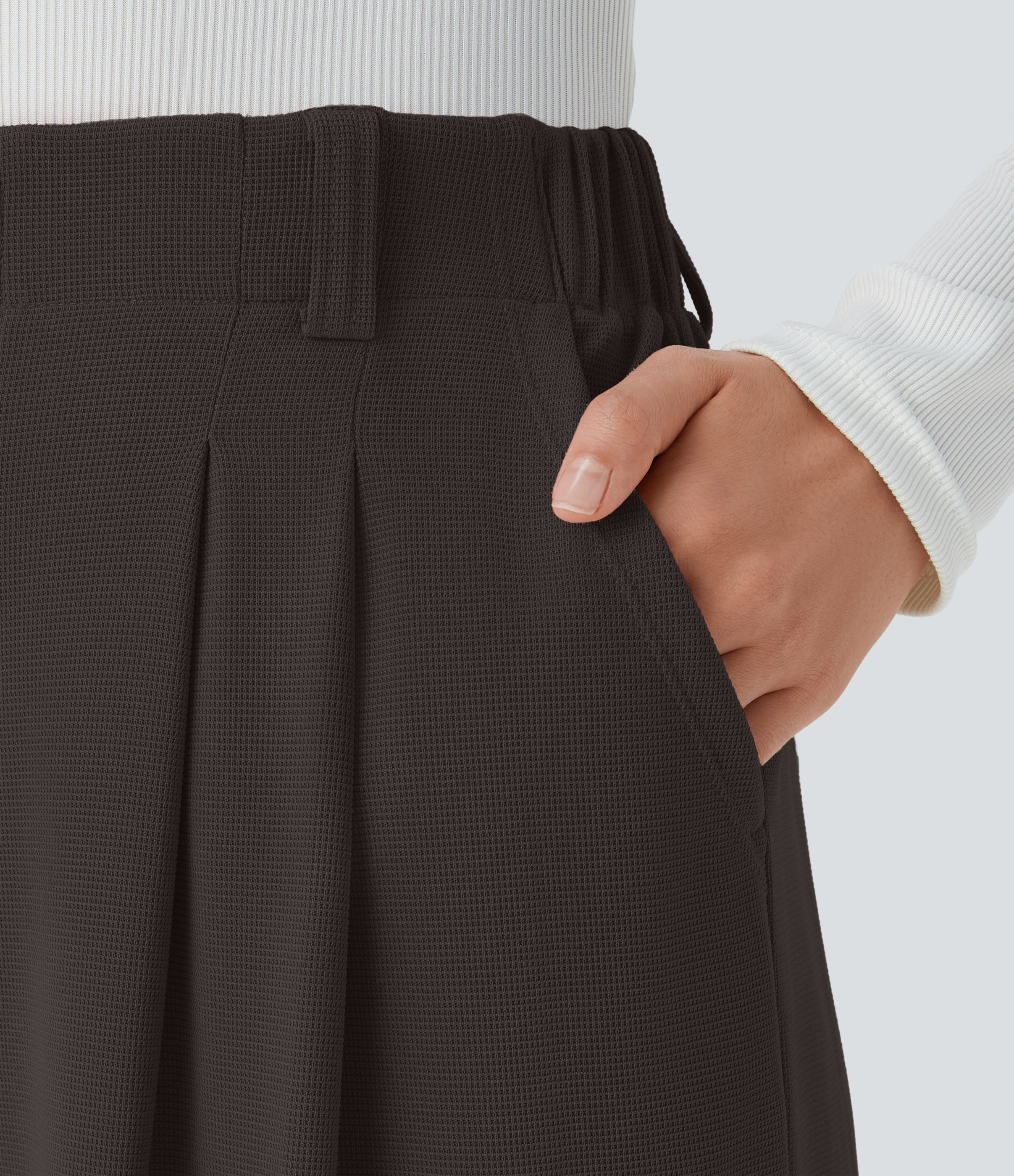 Delicioso High-Waisted Pleated Wide-Leg Waffle Work Pants with Pockets - 4