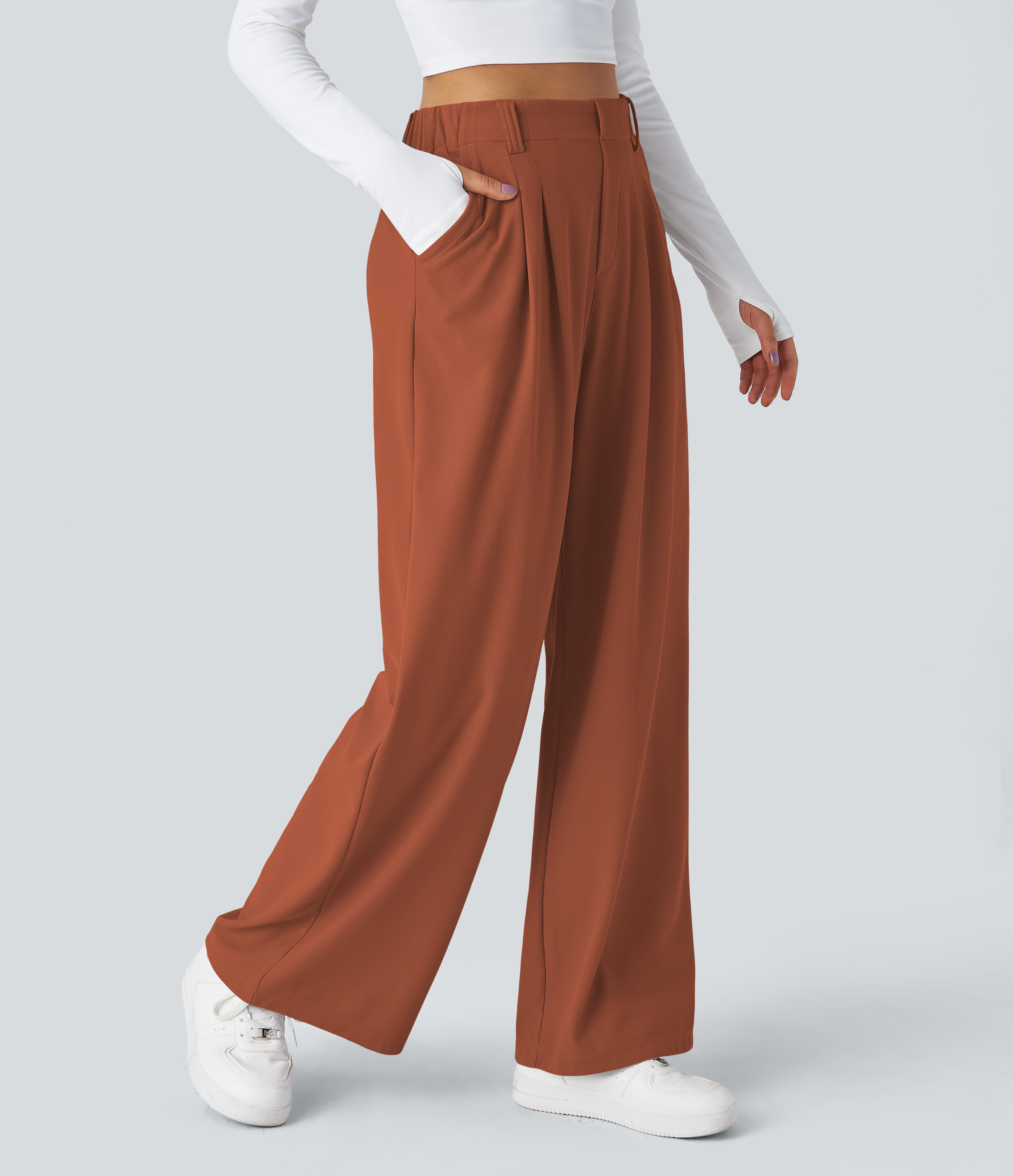 Picante High-Waisted Pleated Wide-Leg Waffle Work Pants with Pockets - 3