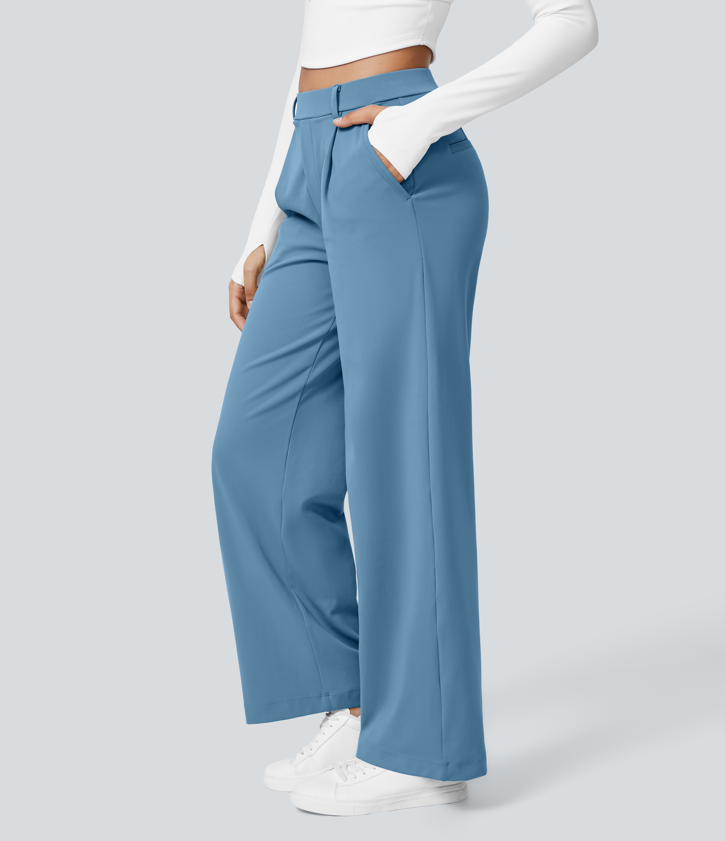 Light Azure High Waisted Pleated Straight Leg Work Pants with Pockets - 3