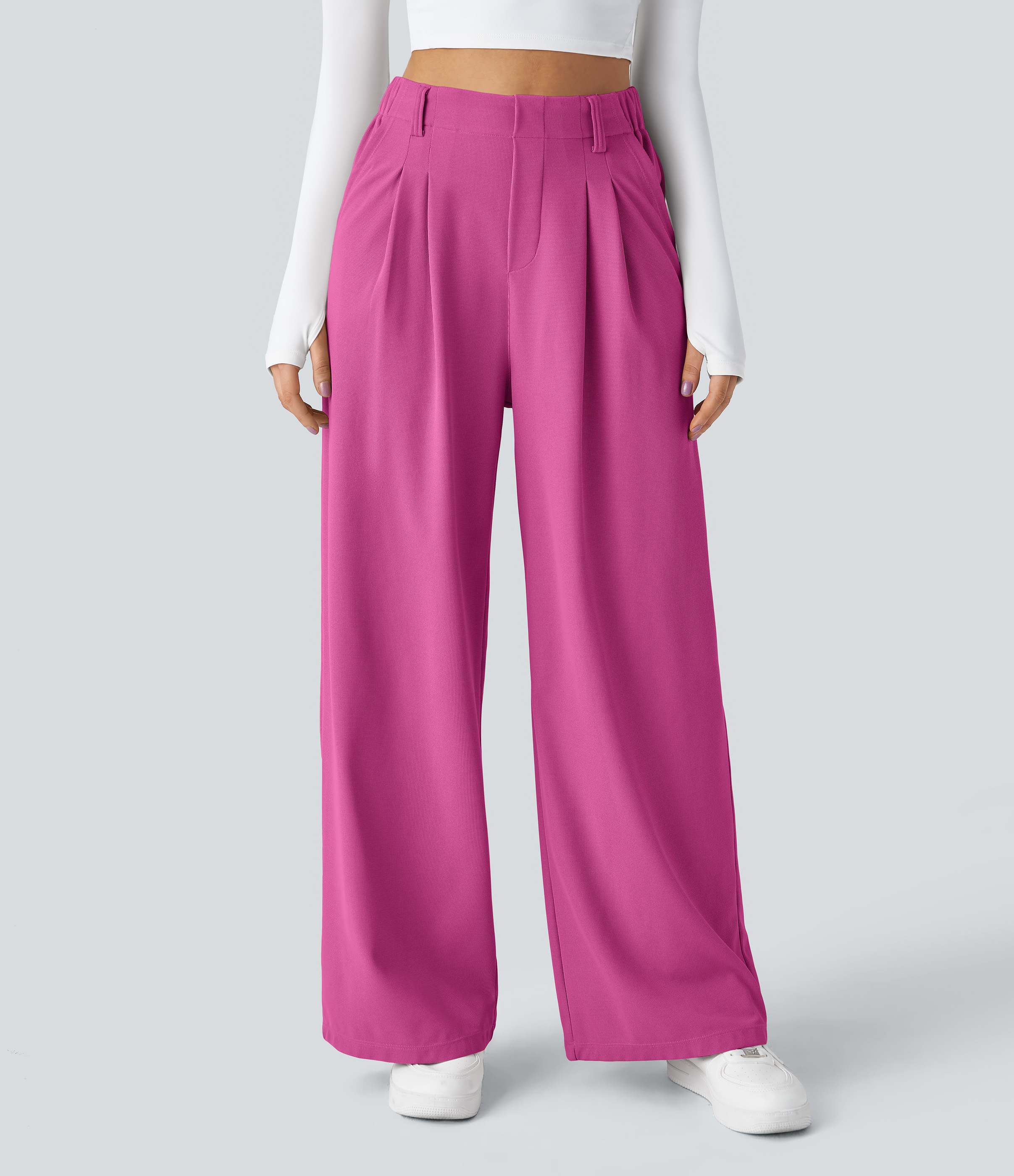 Fuchsia Fedora High-Waisted Pleated Wide-Leg Waffle Work Pants with Pockets - 3
