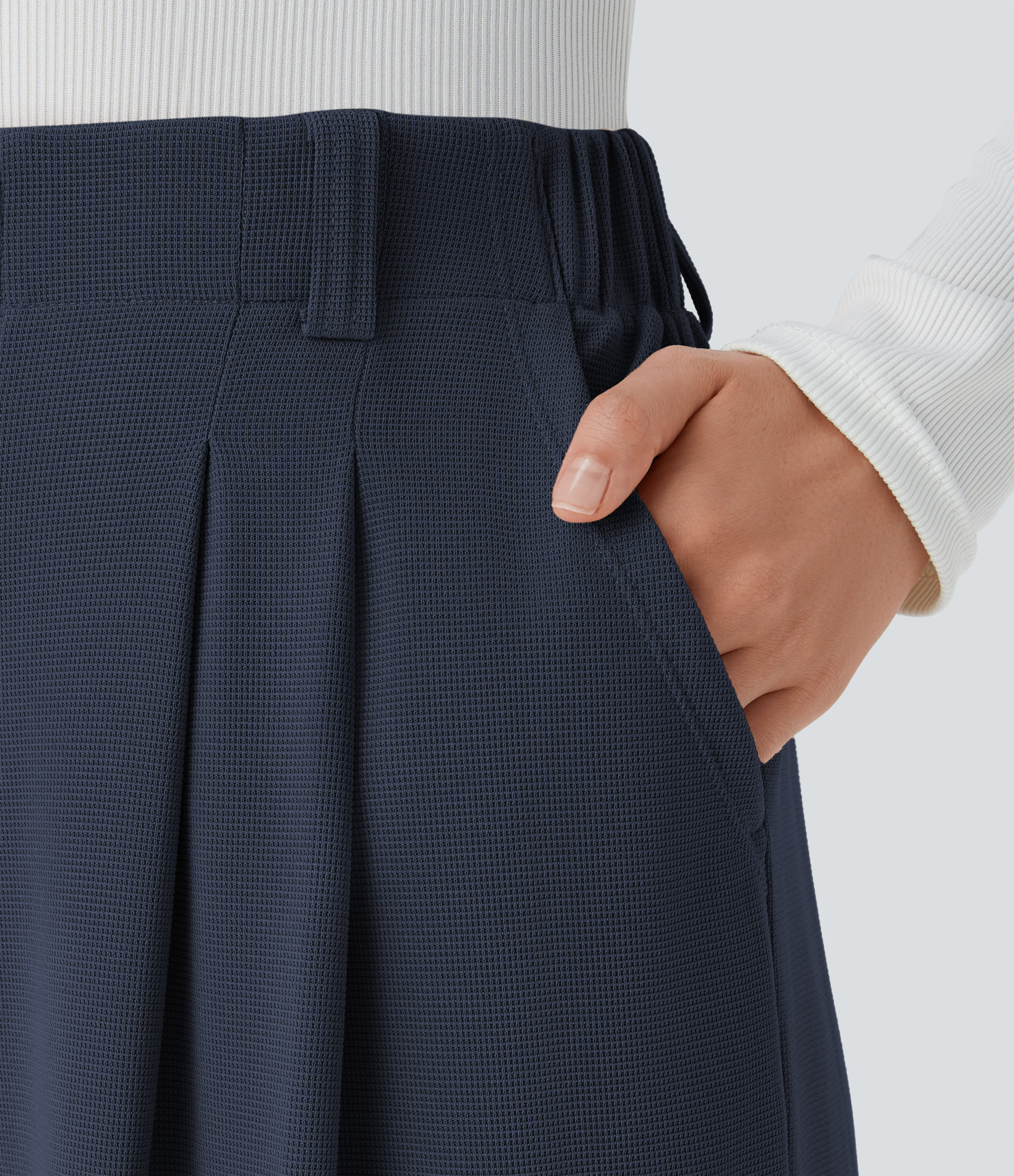 Navy Blazer High-Waisted Pleated Wide-Leg Waffle Work Pants with Pockets - 4