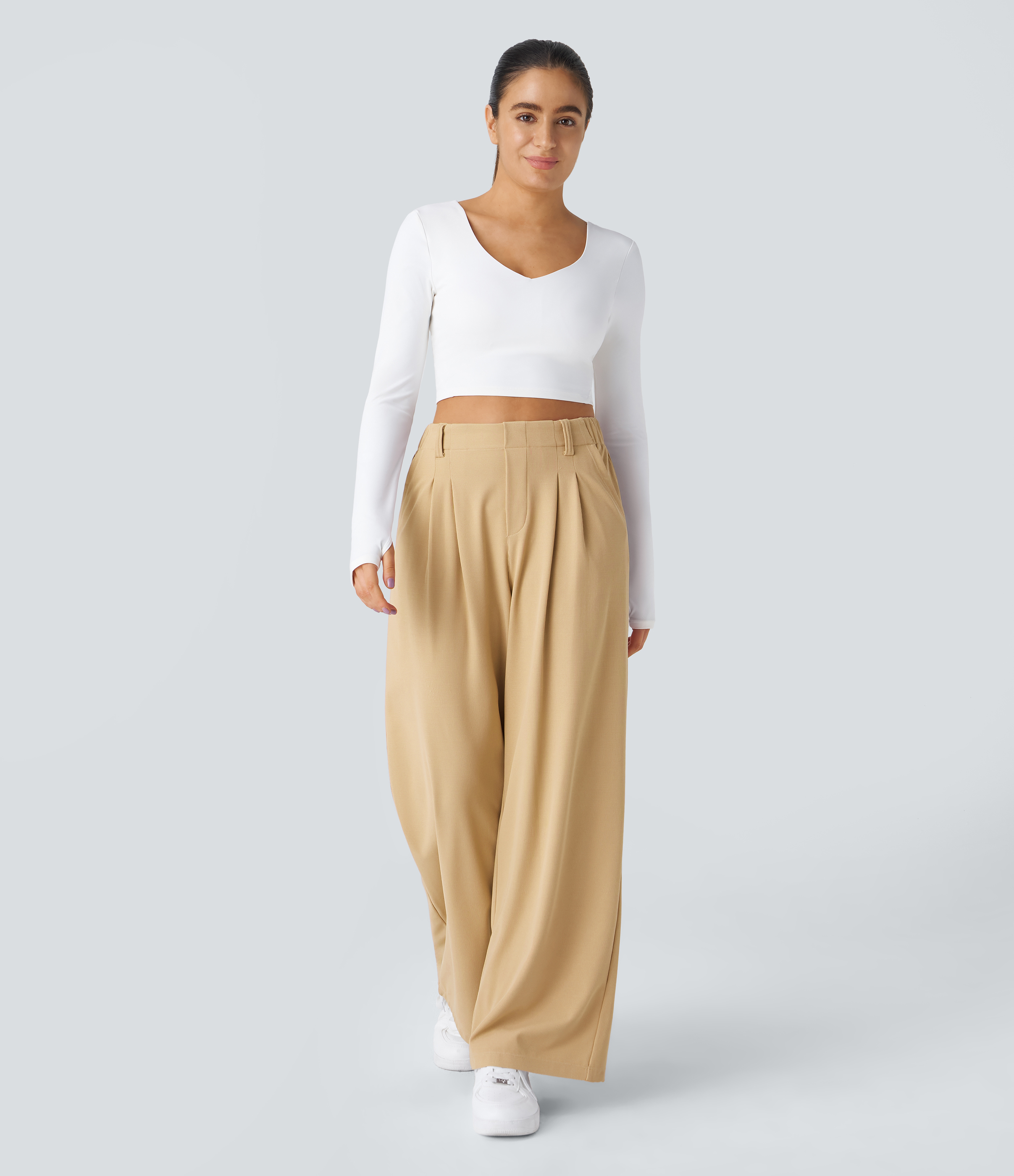 Mellow Buff High-Waisted Pleated Wide-Leg Waffle Work Pants with Pockets - 5