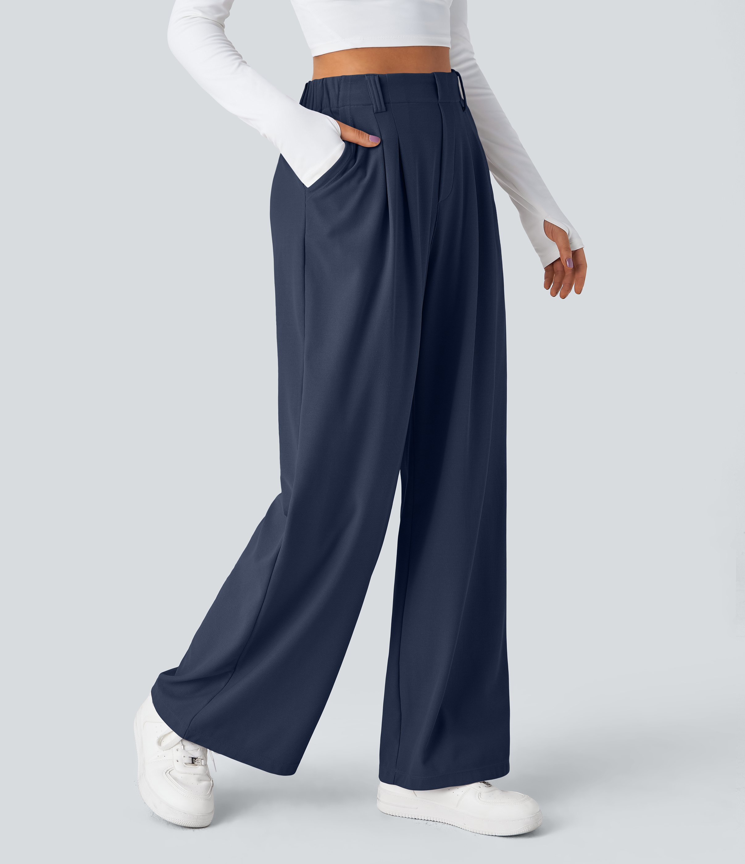 Harbor Ink High-Waisted Pleated Wide-Leg Waffle Work Pants with Pockets - 3
