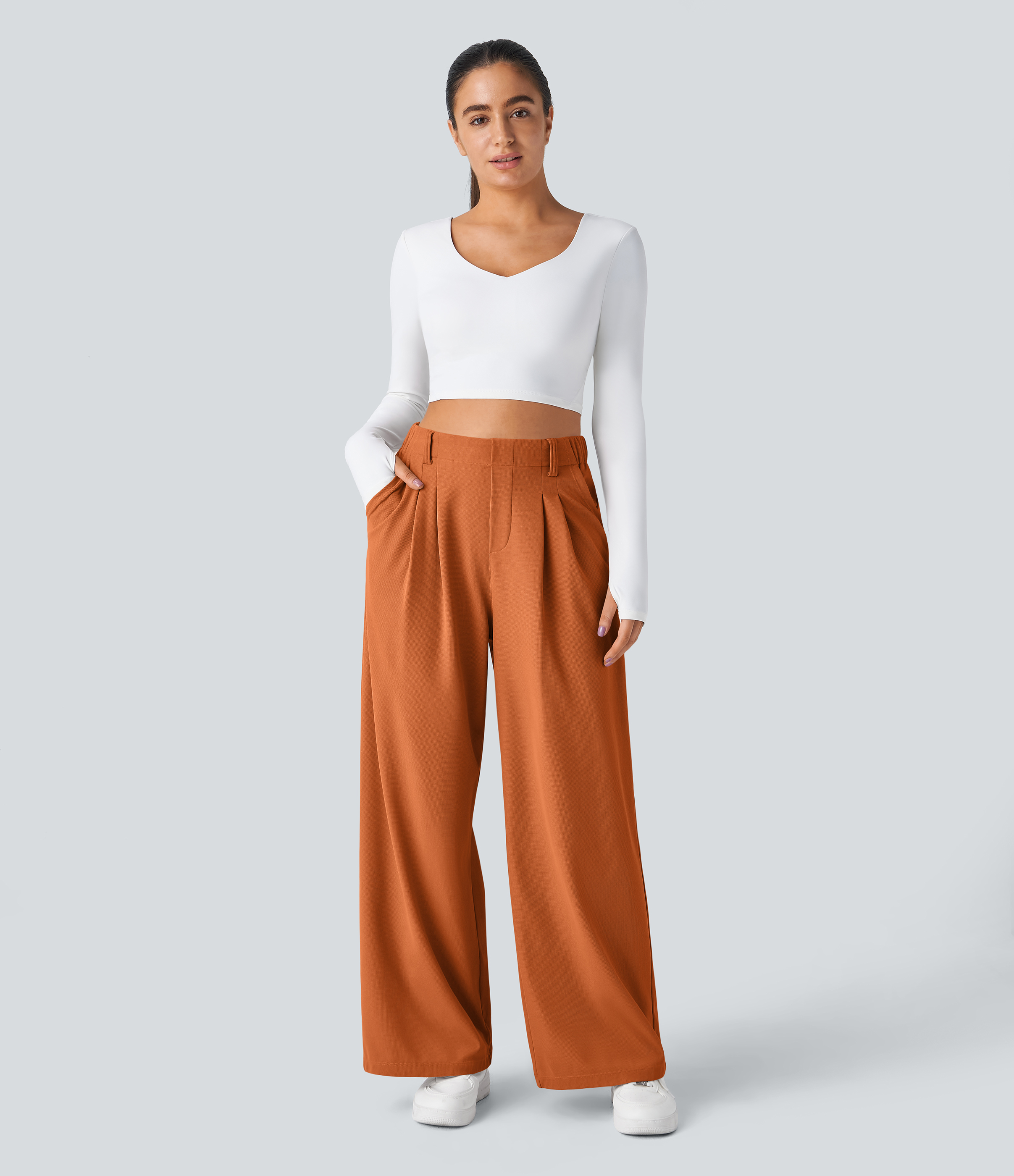 Apricot Orange High-Waisted Pleated Wide-Leg Waffle Work Pants with Pockets - 5