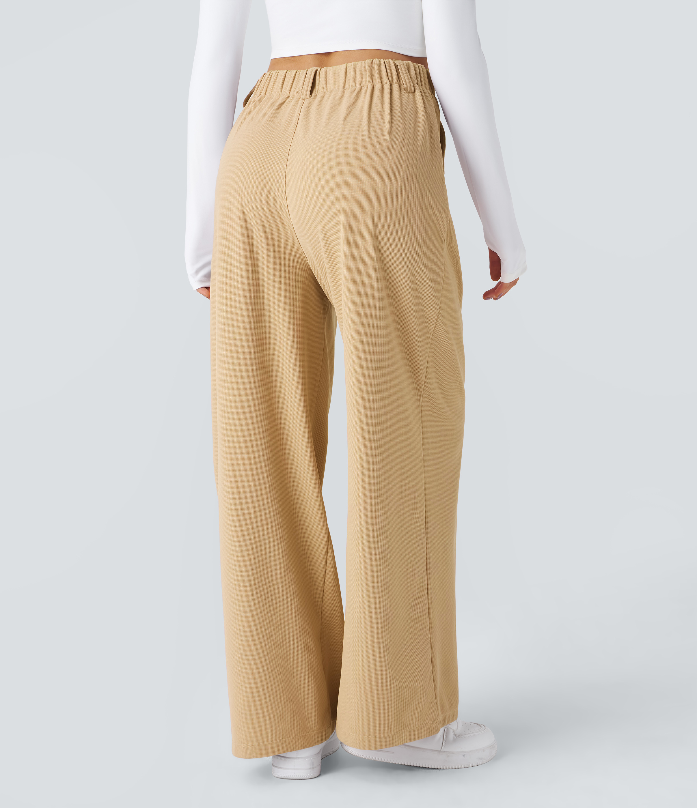 Mellow Buff High-Waisted Pleated Wide-Leg Waffle Work Pants with Pockets - 2