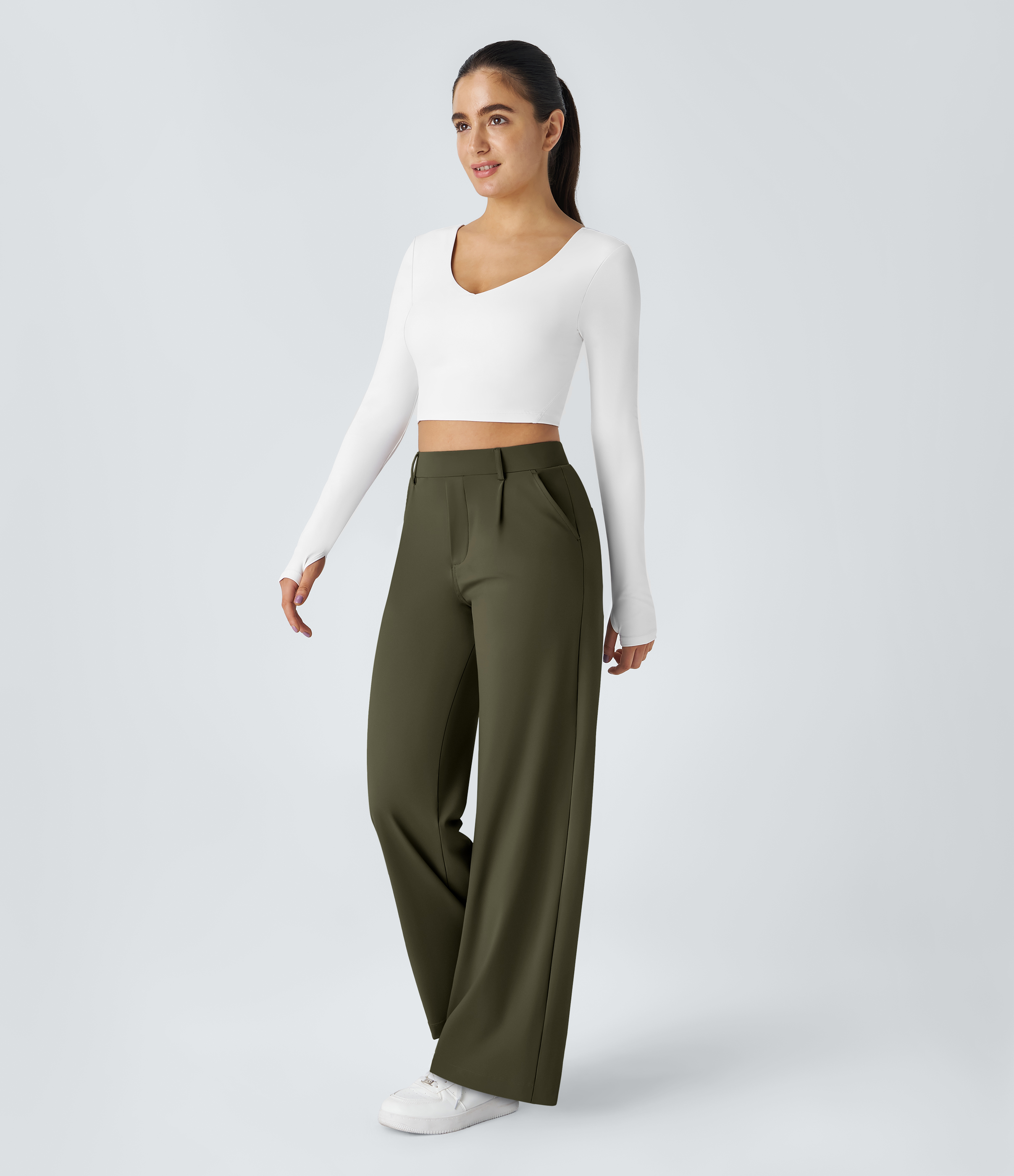 Forest Night High Waisted Pleated Straight Leg Work Pants with Pockets - 6