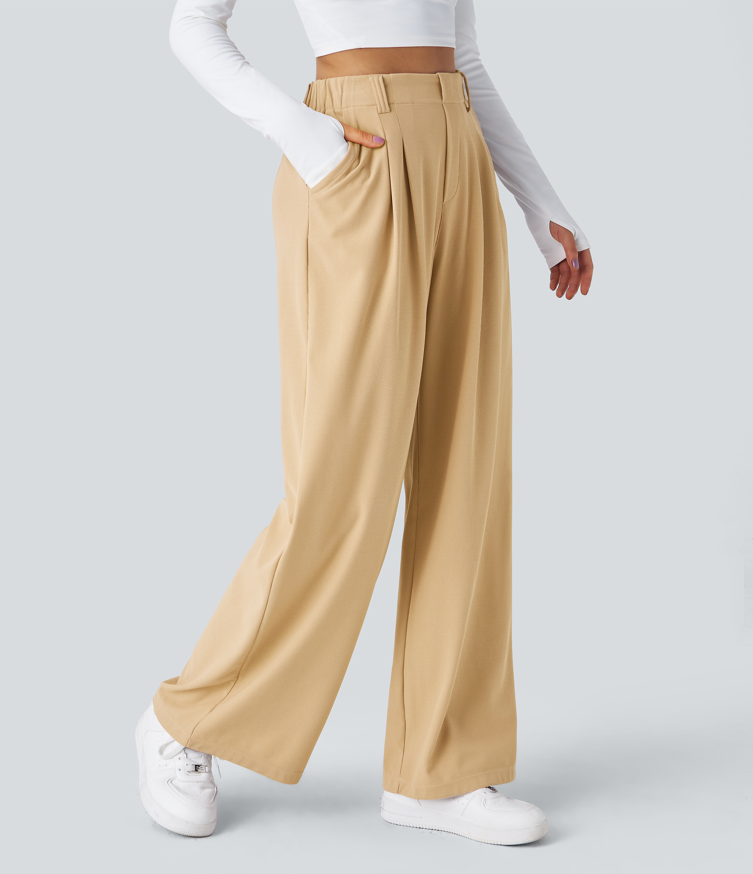 Mellow Buff High-Waisted Pleated Wide-Leg Waffle Work Pants with Pockets - 1
