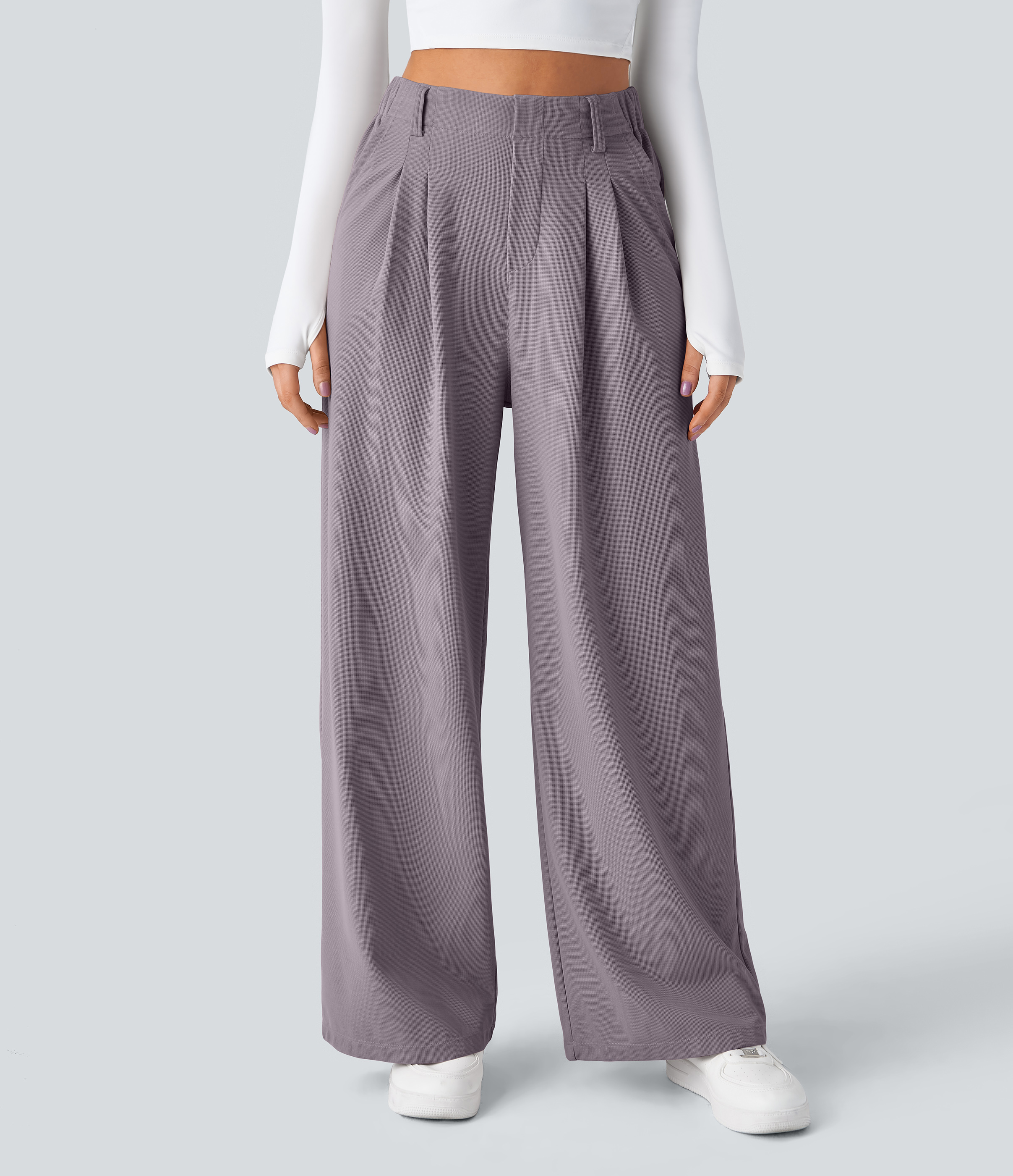 Hibiscus Purple High-Waisted Pleated Wide-Leg Waffle Work Pants with Pockets - 3