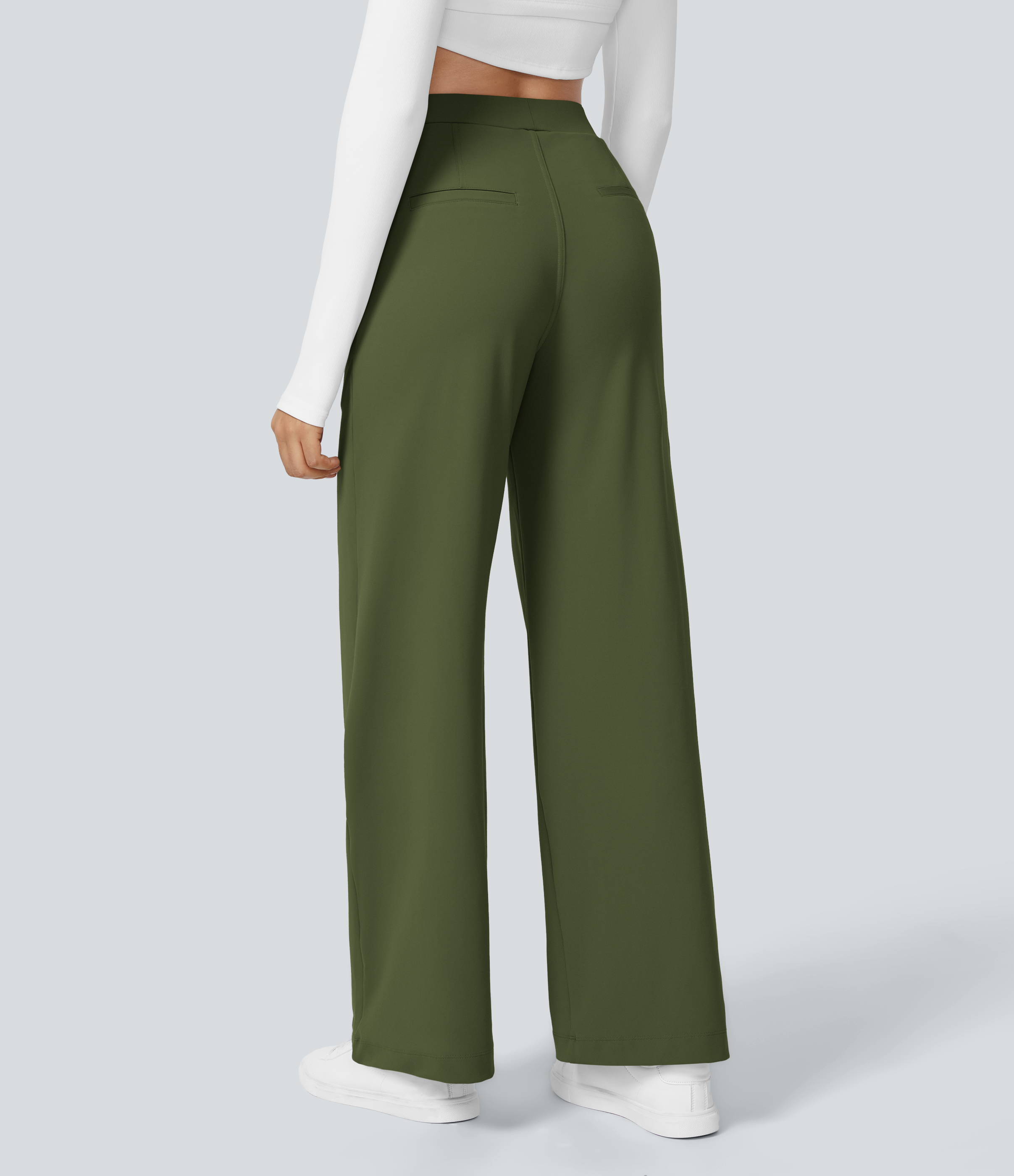 Chive High Waisted Pleated Straight Leg Work Pants with Pockets - 1
