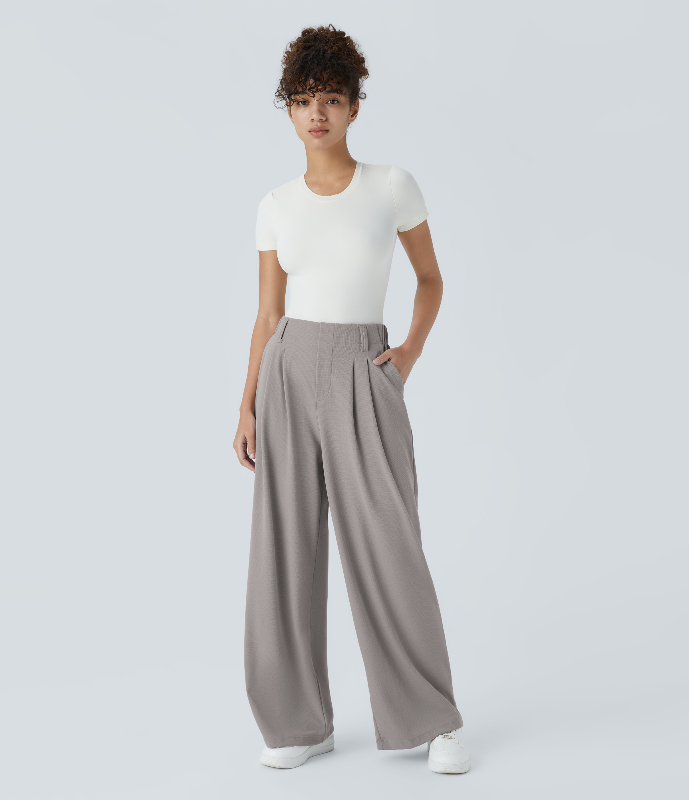 Mink Ash High-Waisted Pleated Wide-Leg Waffle Work Pants with Pockets - 6